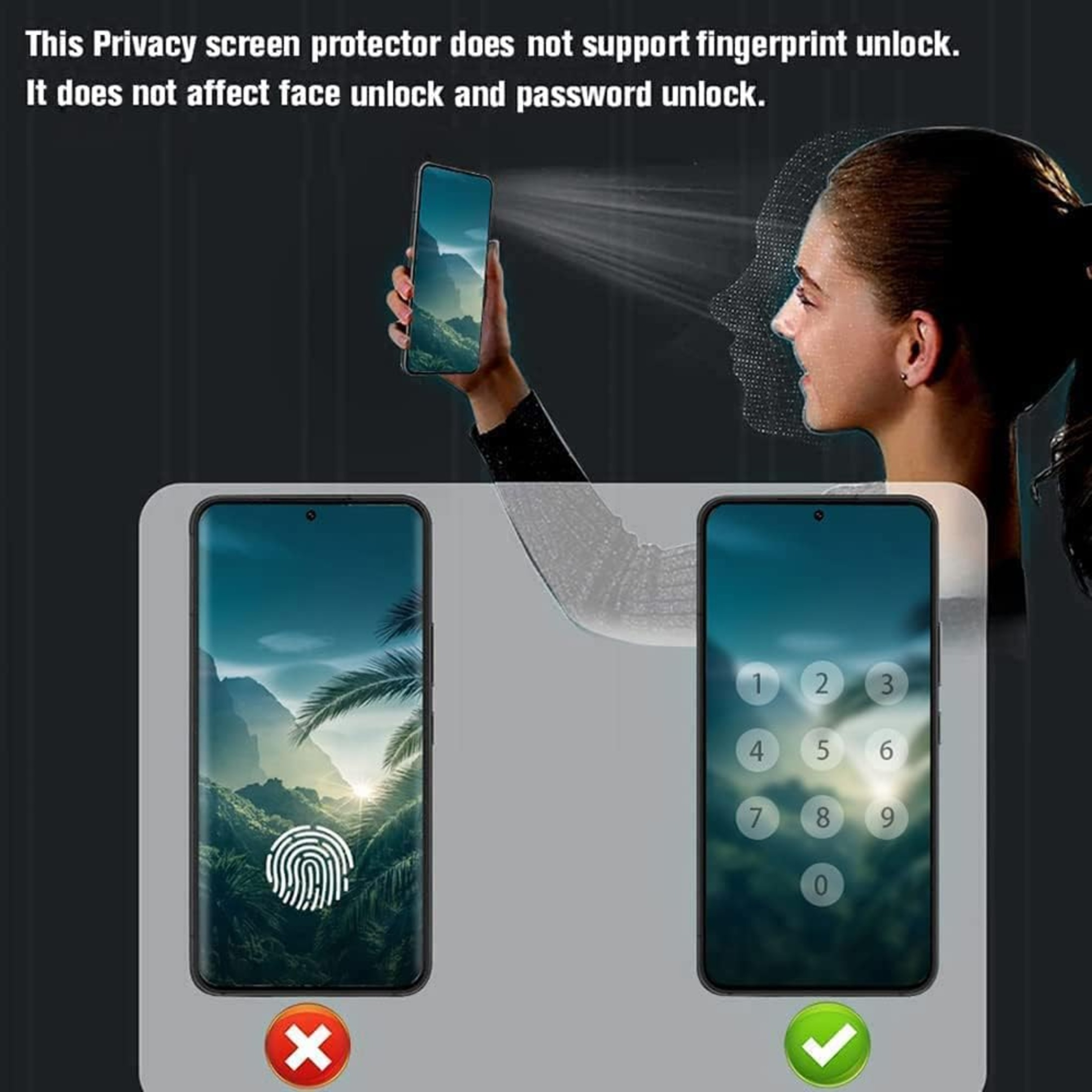 Ein Telefon mit Fingerabdruck-Entsperrung wird abgelehnt. Die Gesichtserkennung wird akzeptiert. Text wird angezeigt.