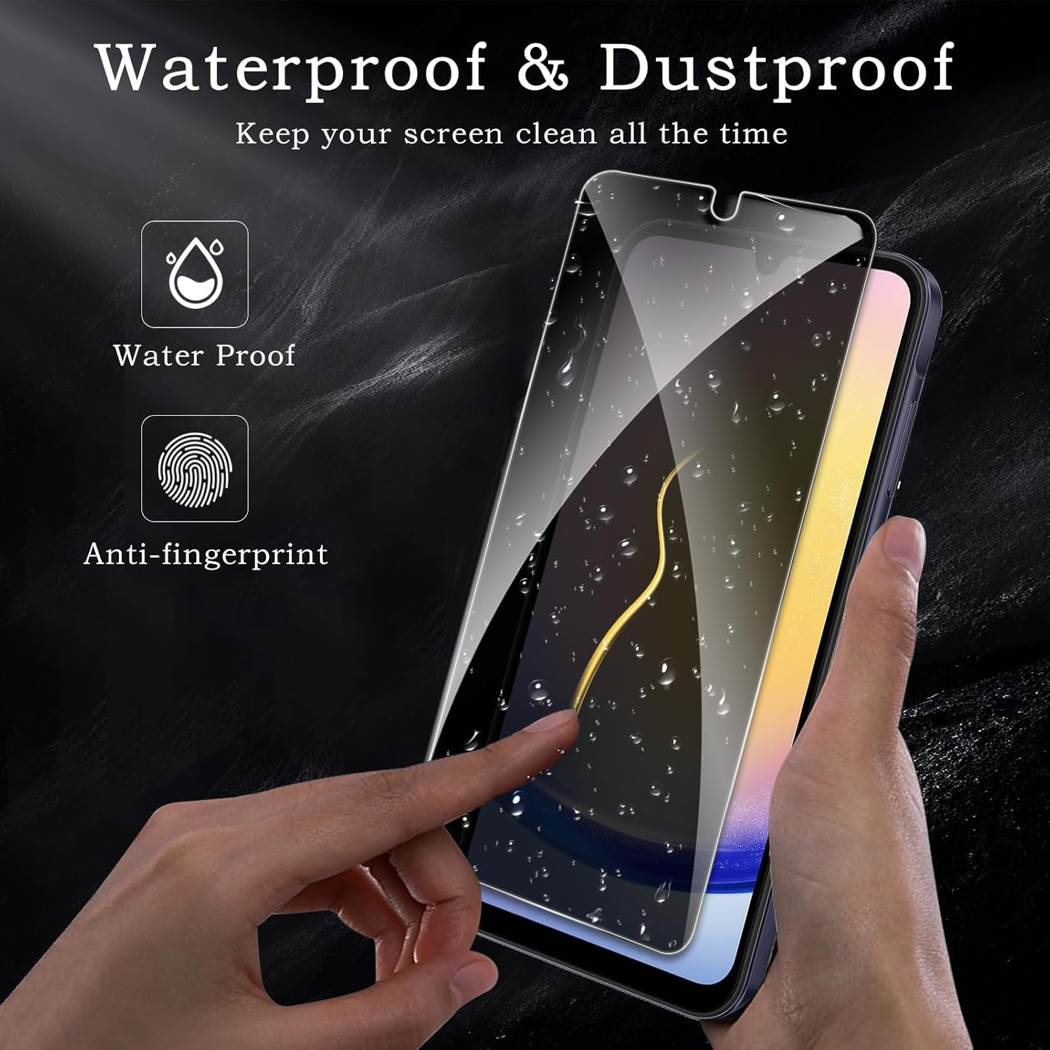 Eine Hand hält ein Telefon mit aufgebrachter Displayschutzfolie. Text über Wasserdichtigkeit und Anti-Fingerabdruck.