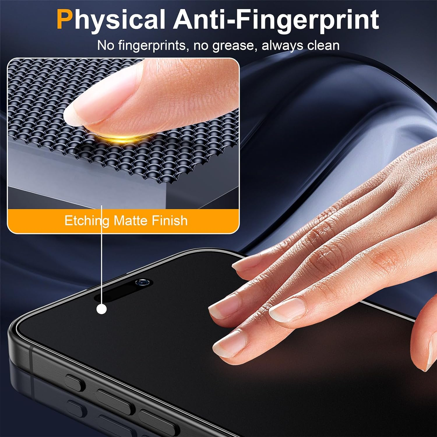 Hand berührt Telefonbildschirm mit matter Oberfläche. Text: Physischer Anti-Fingerabdruck.