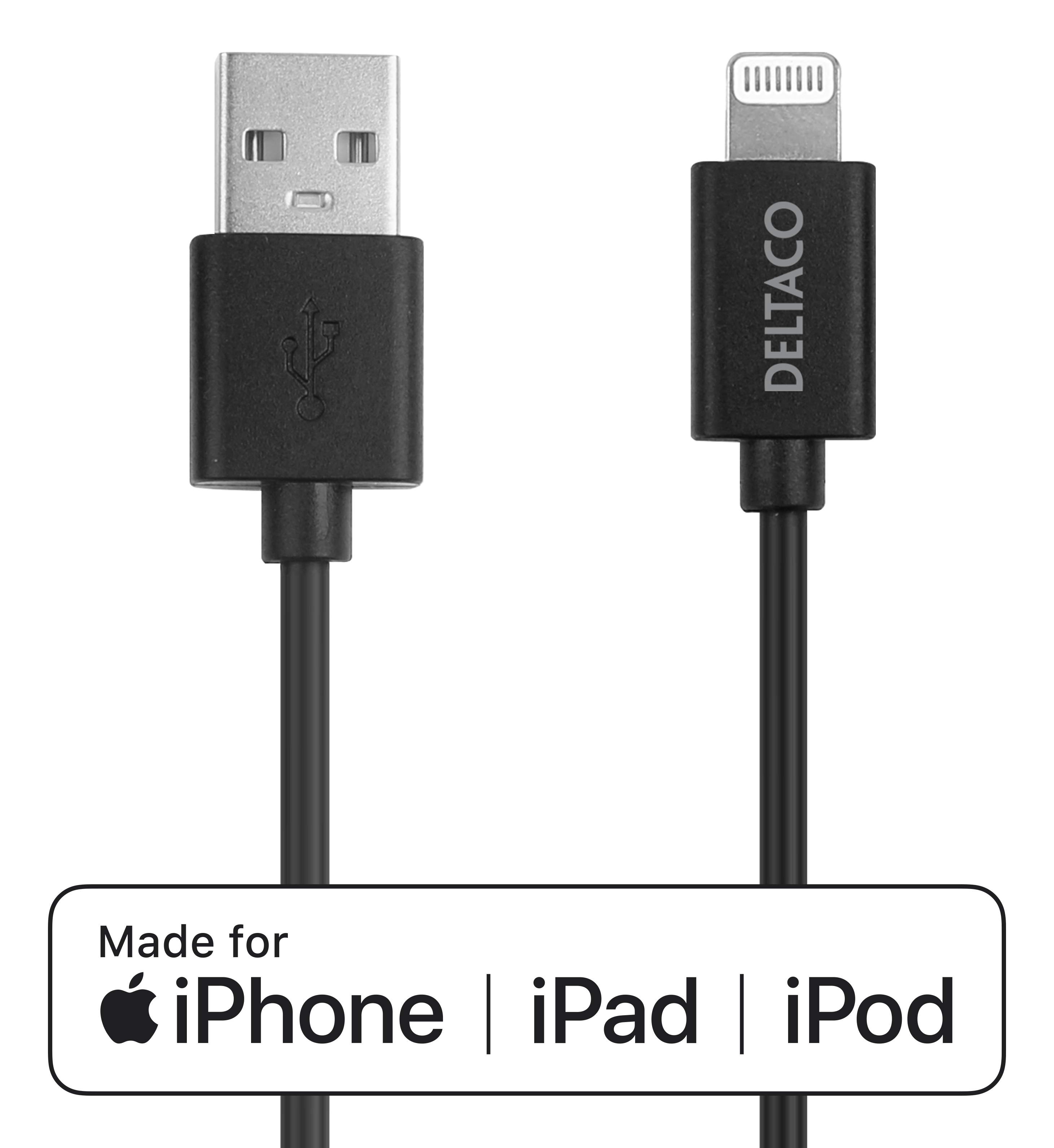 Cavo da USB a Lightning nero. Connettori neri con il logo Made for iPhone.