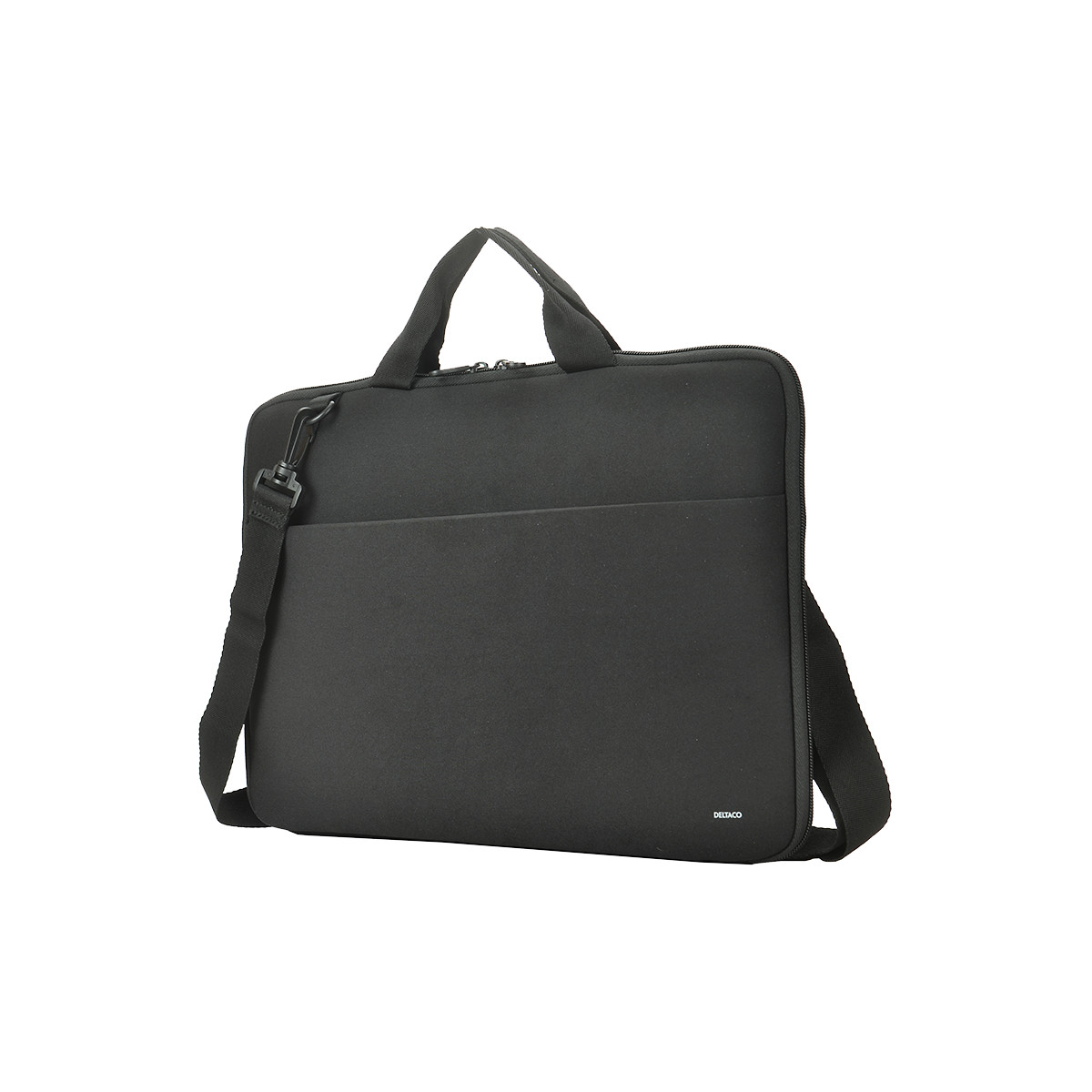 Borsa per laptop nera con tracolla e maniglia. Sfondo bianco.