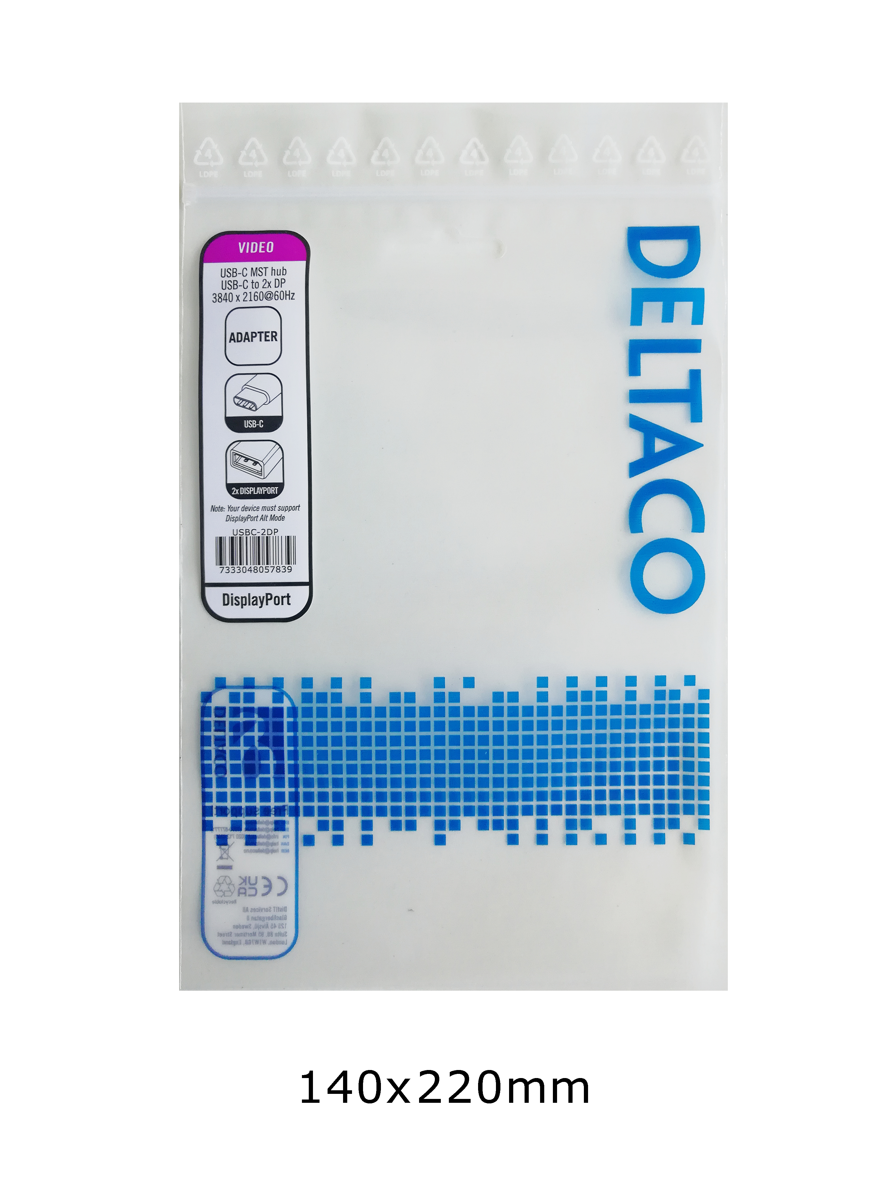 White plastic bag with blue pixelated design and text "DELTACO". It contains a USB-C to DP adapter.