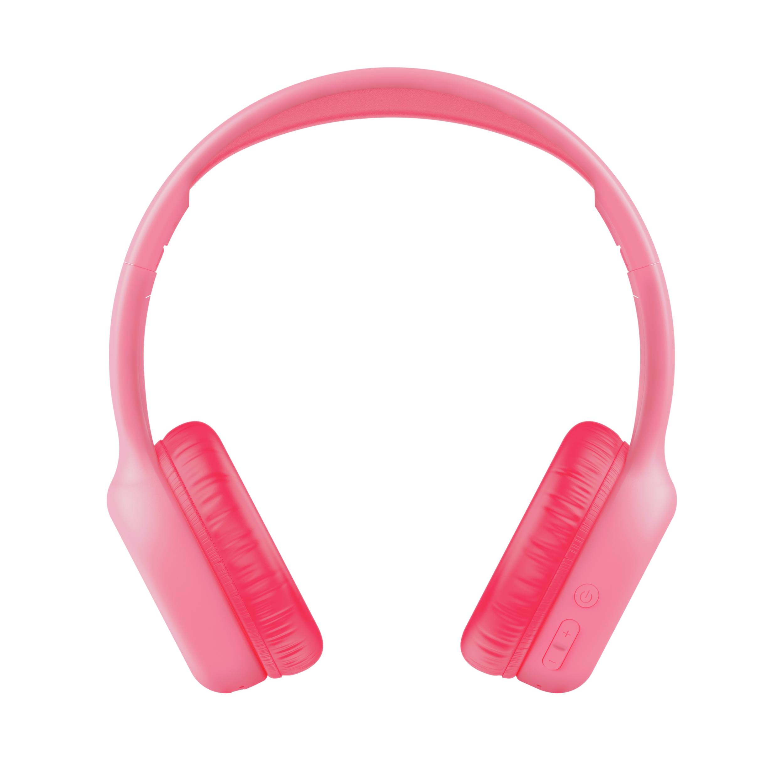 Różowe słuchawki, konstrukcja nauszna. Proste i eleganckie. Czarne tło. Widoczne przyciski głośności i zasilania.