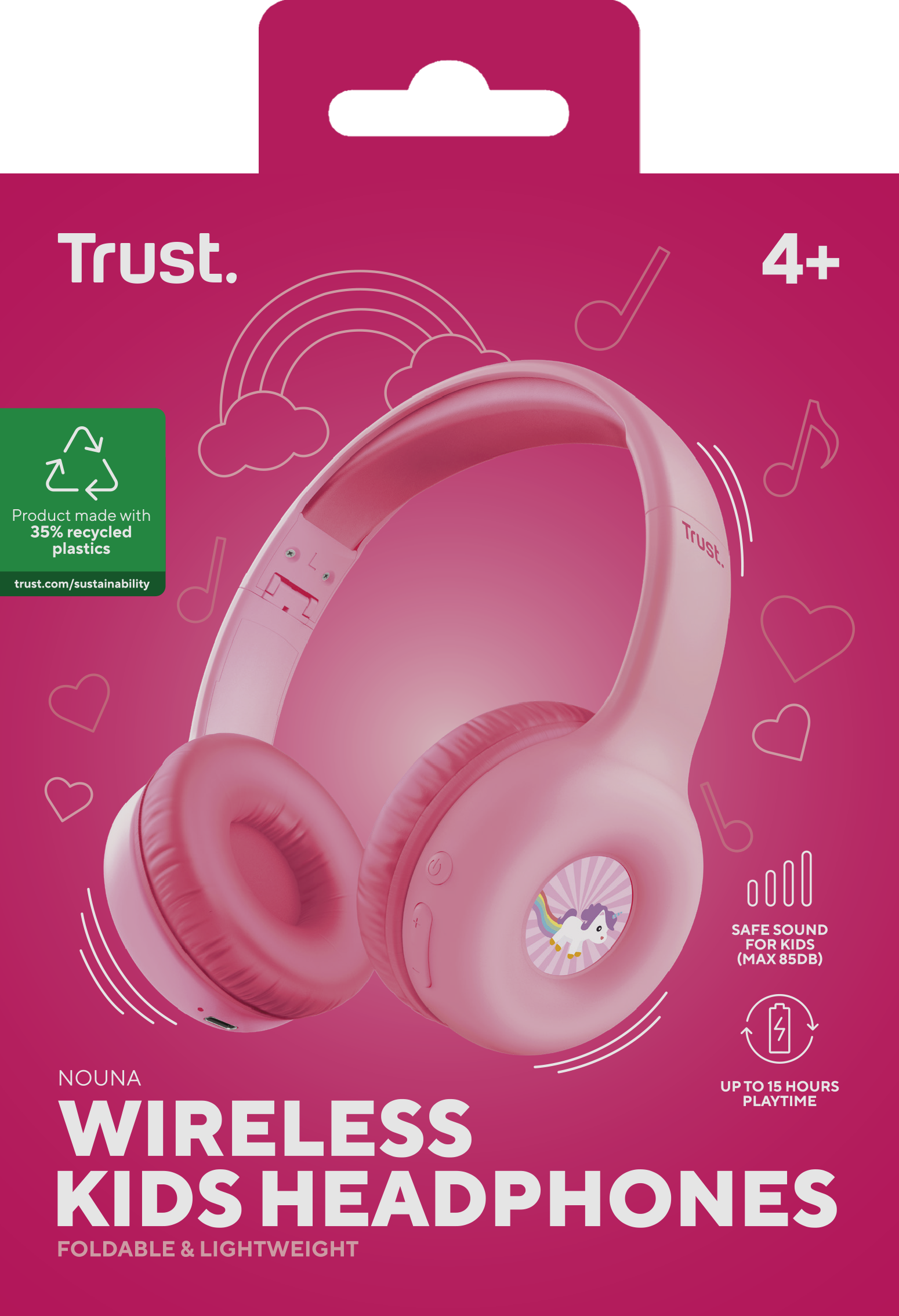 Różowe bezprzewodowe słuchawki dla dzieci Trust w pudełku. Pudełko z ilustracją tęczy i jednorożca.