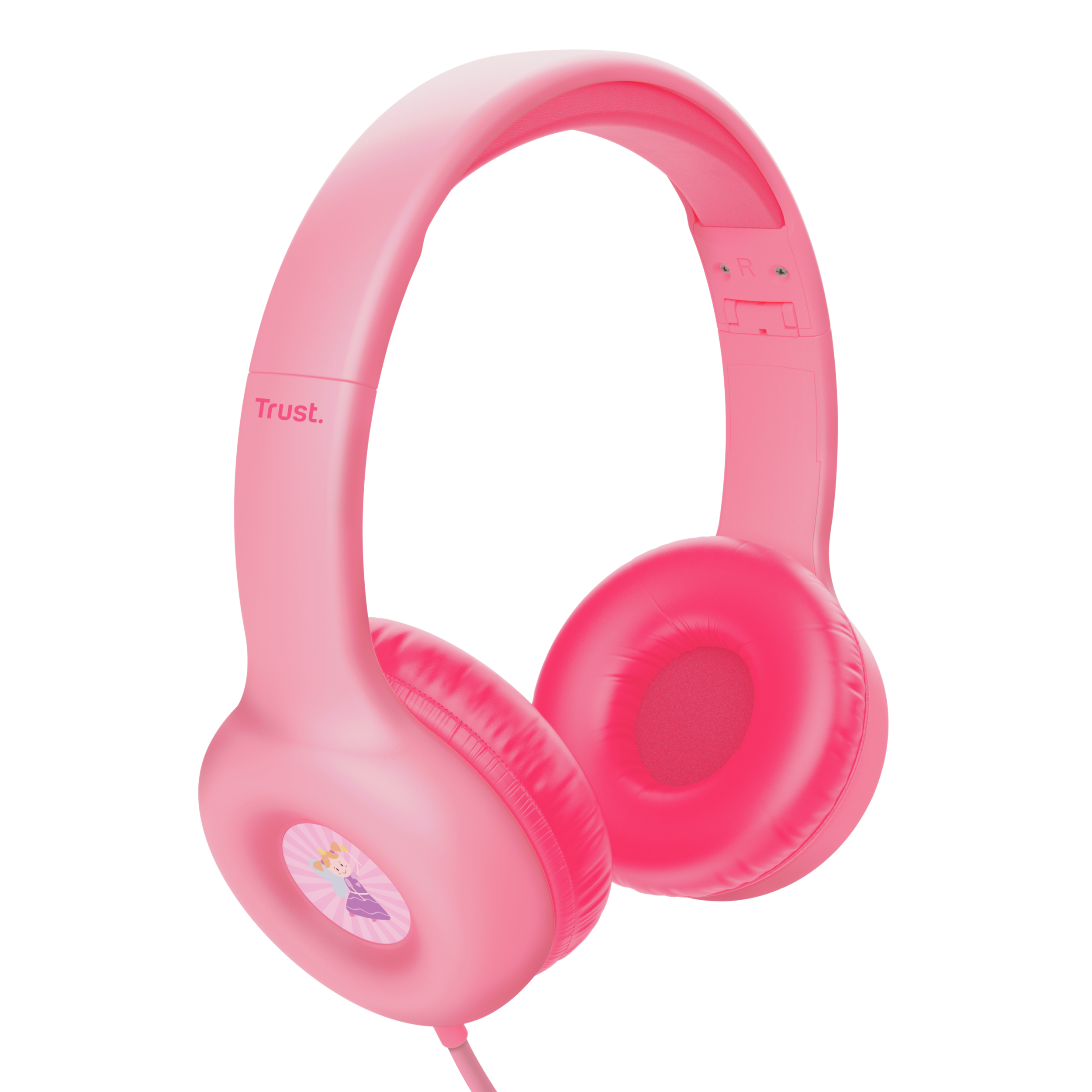 Różowe słuchawki z logo Trust. Słuchawki są w stylu nausznym.