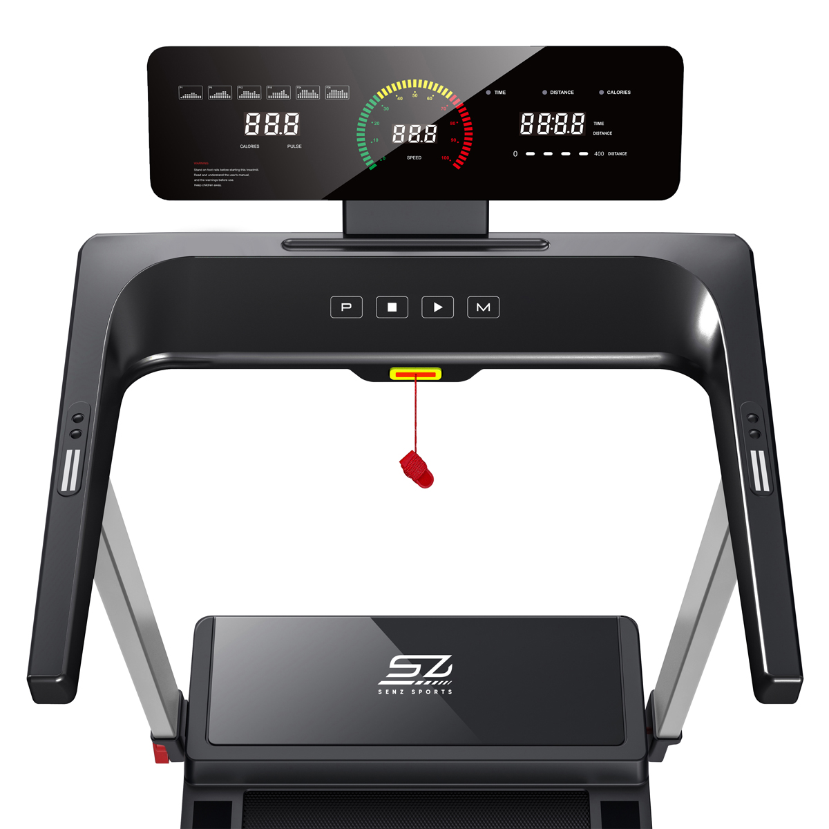 Black treadmill with a digital display showing speed and calories. White background.