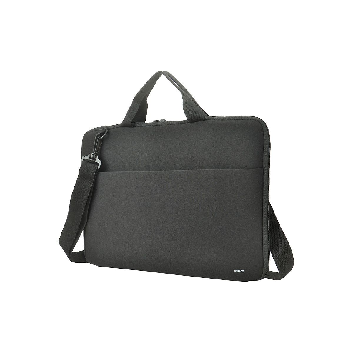 Borsa per laptop nera con manico e tracolla. Il marchio è sulla parte anteriore.