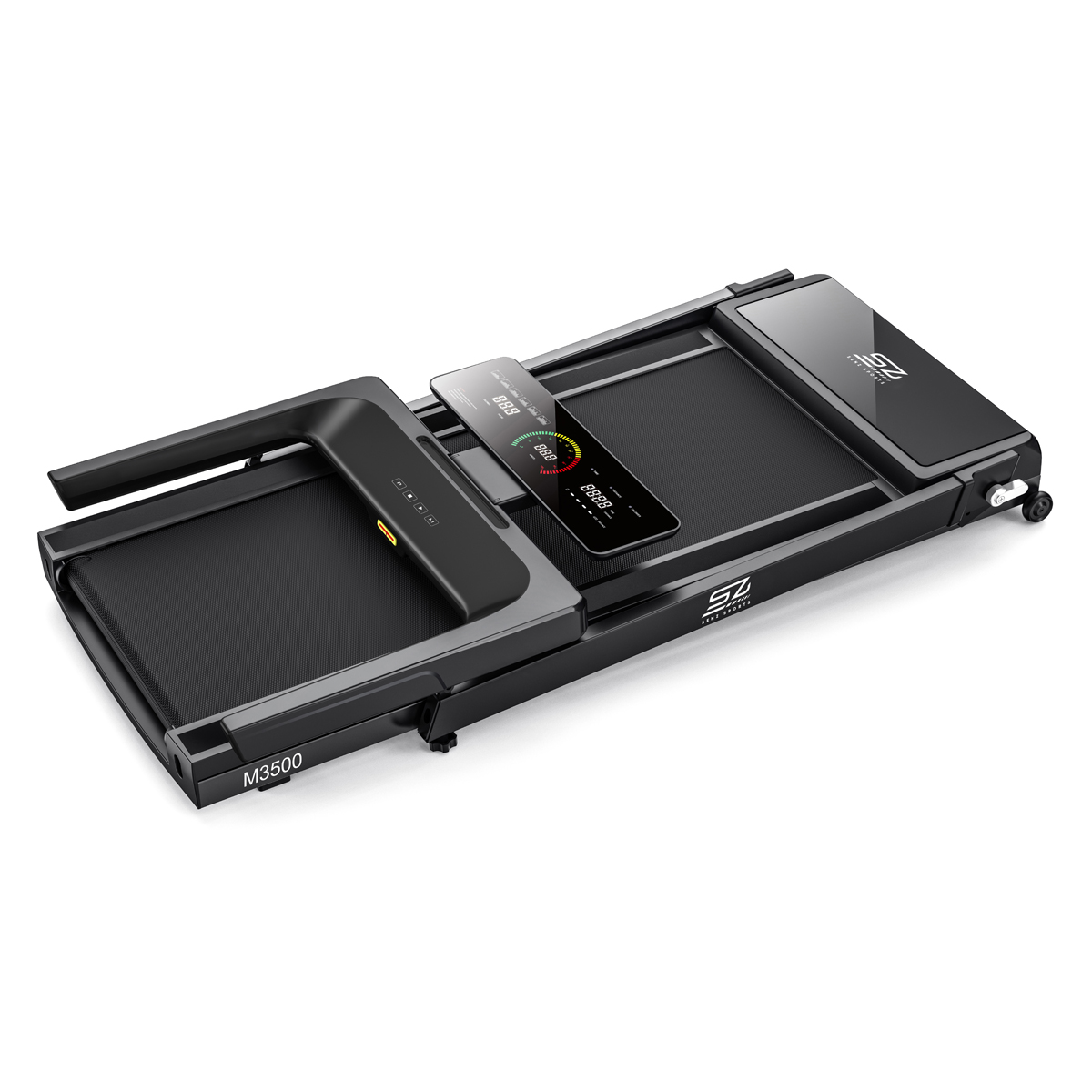 A black and gray foldable treadmill with a phone displaying data. The treadmill has the brand name and model number visible.