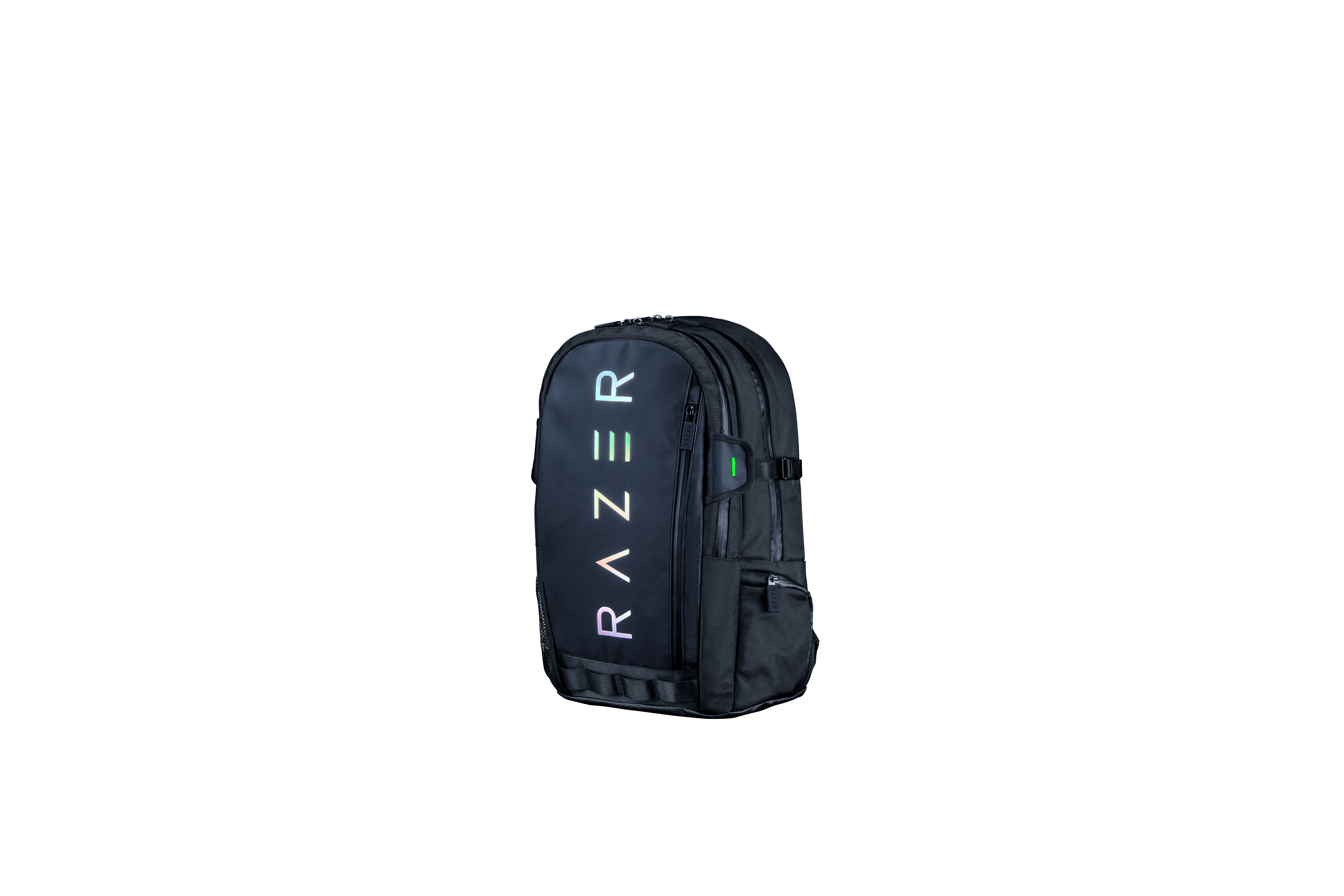 Black Razer backpack with white RAZER logo on a white background.