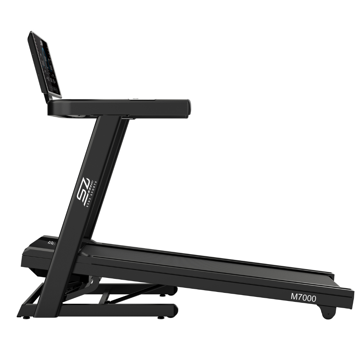 Black treadmill with a screen; the brand name SZ and model number M7000 are visible.
