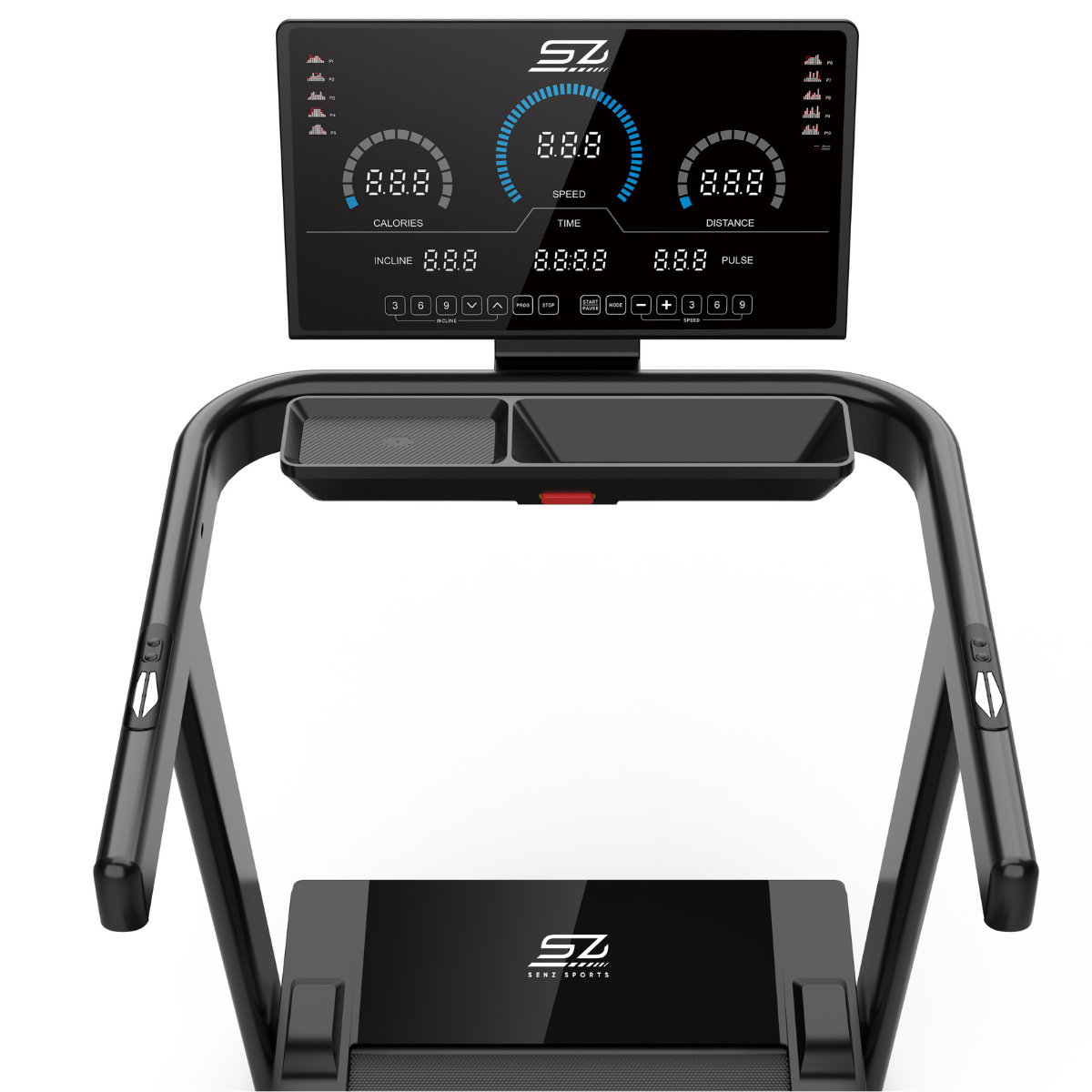 Black treadmill with digital display showing speed, time, calories, and distance. Handles visible.