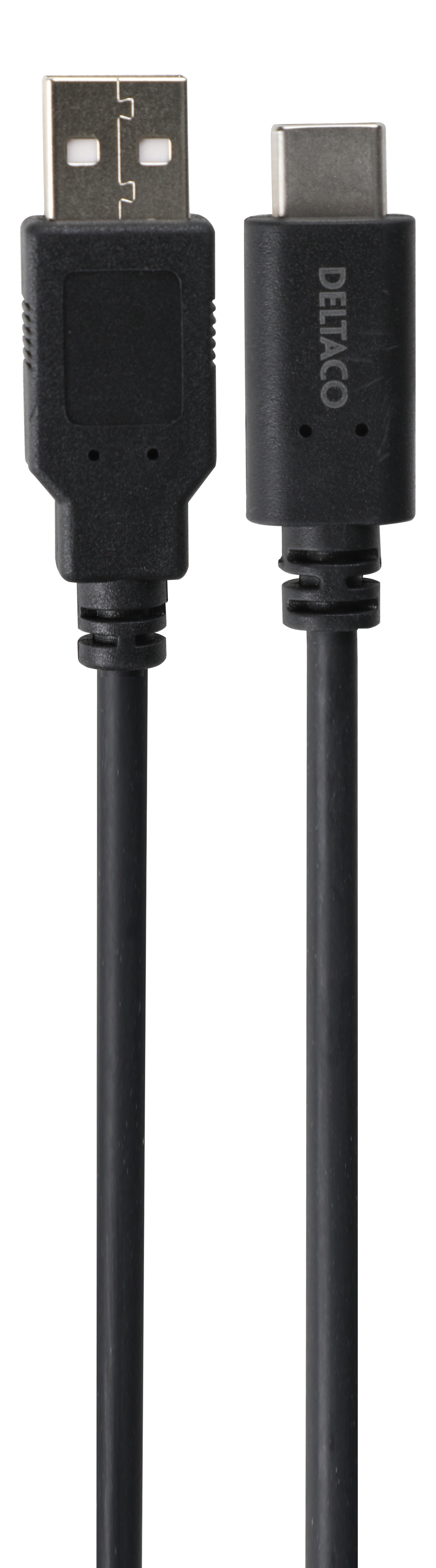 Een zwarte USB-C-kabel met een USB-A-uiteinde.