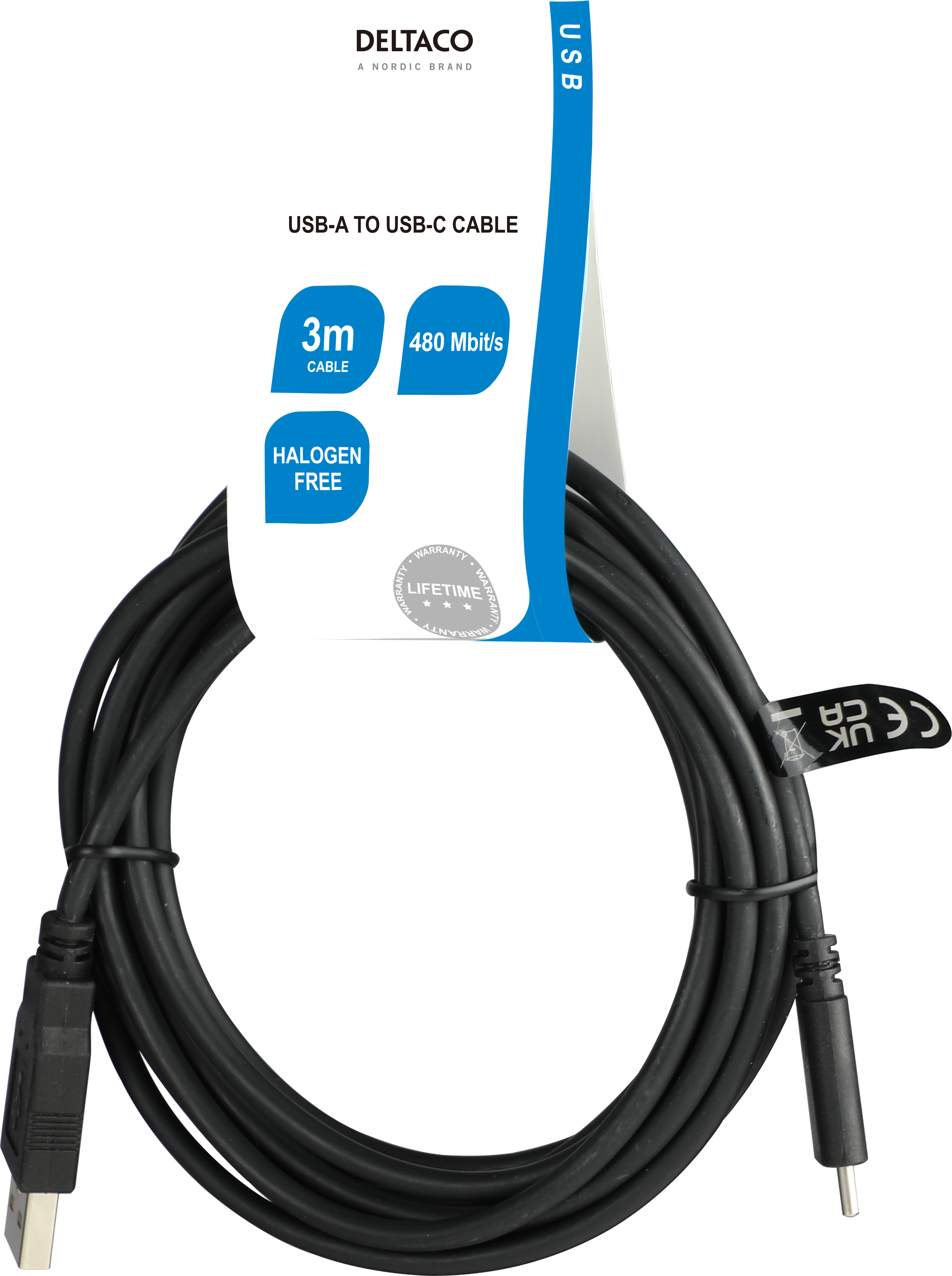 Zwarte USB-A naar USB-C kabel. De kabel is opgerold. De verpakking toont de kabeldetails.