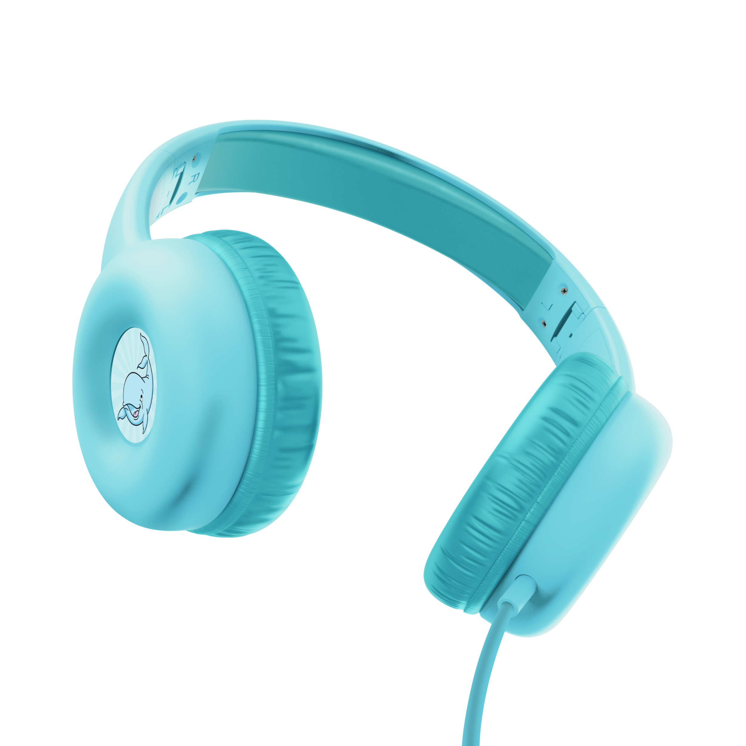 Jasnoniebieskie słuchawki z białym logo na nausznikach i kablem połączeniowym.