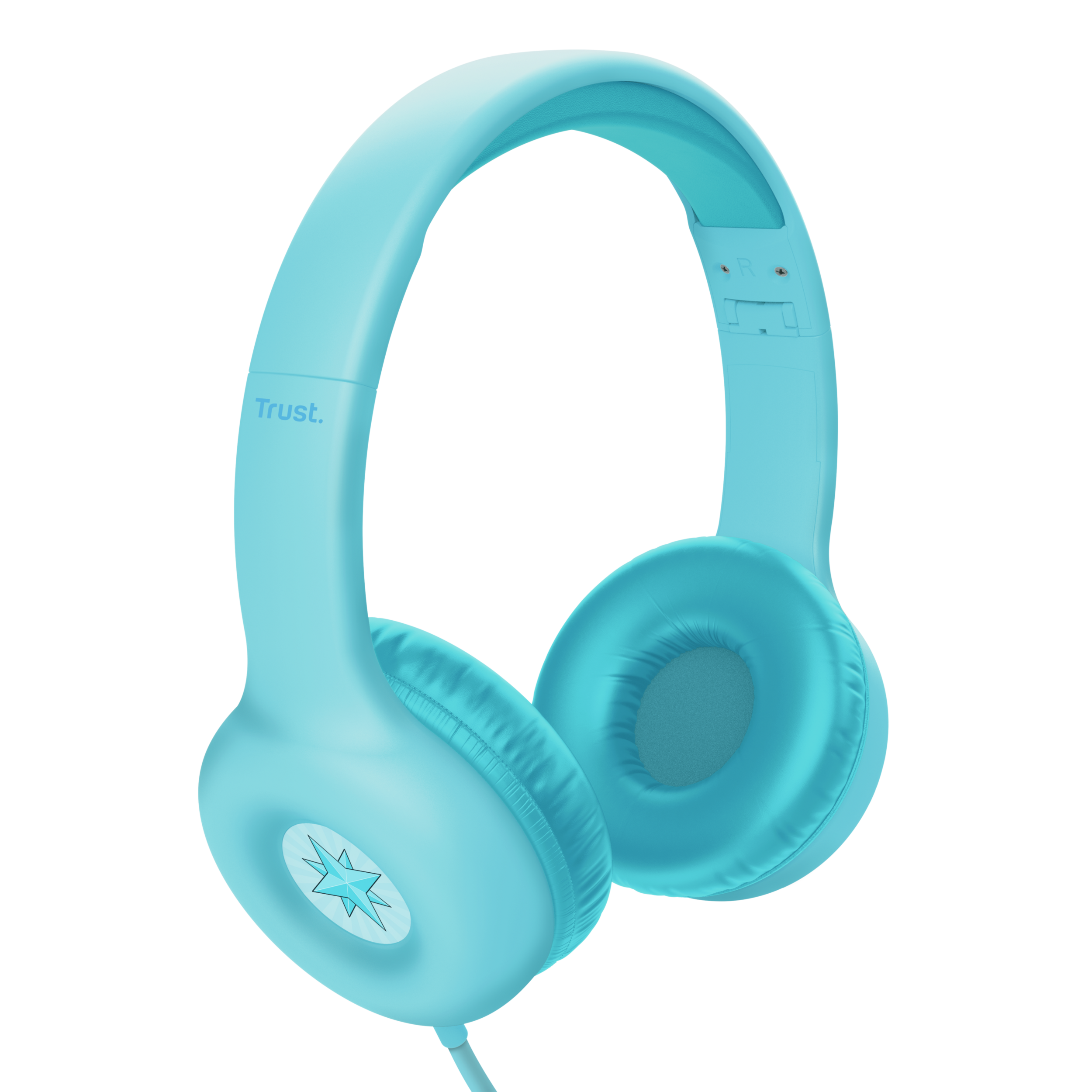 Jasnoniebieskie słuchawki z logo gwiazdy.