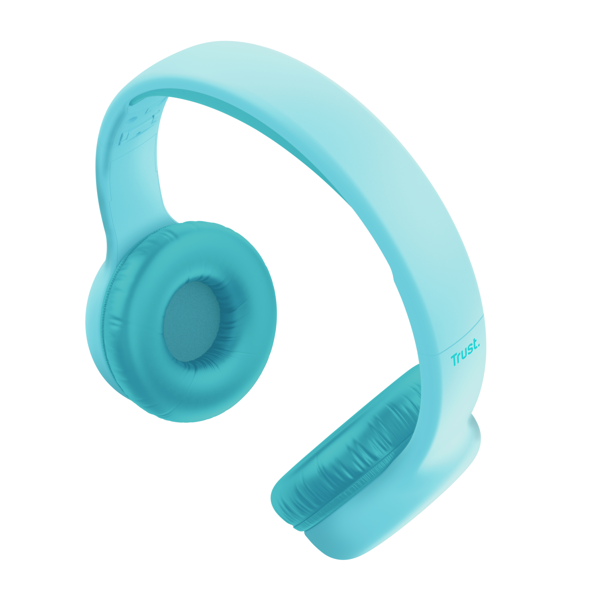 Niebieskie słuchawki Trust pochylone w prawo, z czarnym tłem.