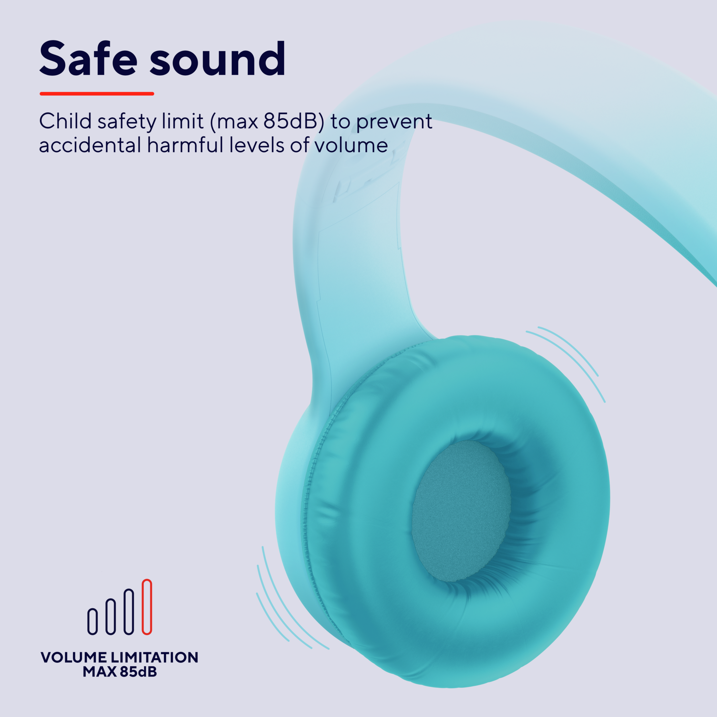 Niebieskie słuchawki. Tekst: Bezpieczny dźwięk, ograniczenie głośności max. 85dB. Ikona poziomu głośności.