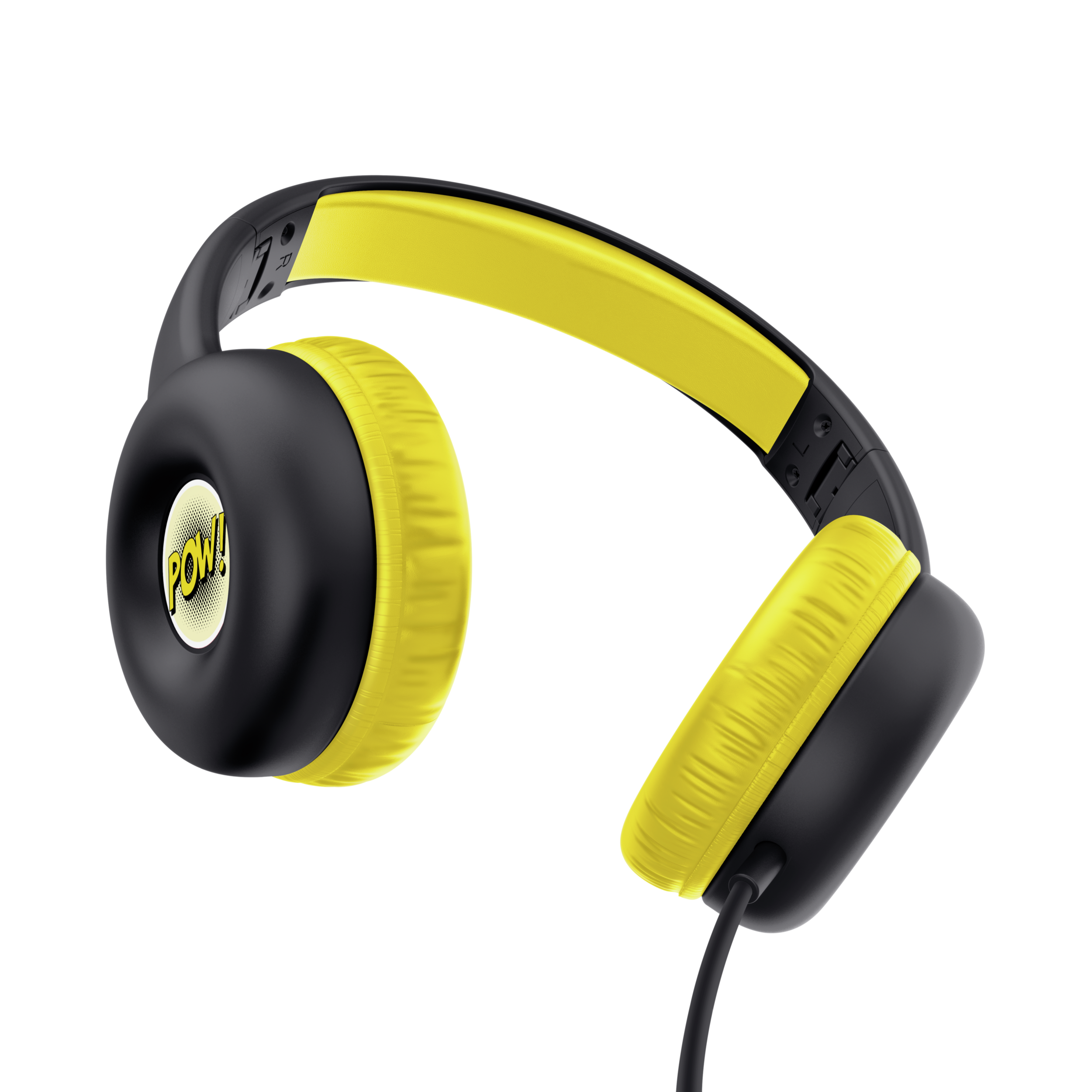 Żółte i czarne słuchawki. Słowo 'POW!' jest na jednej z nausznic. Czarne tło.