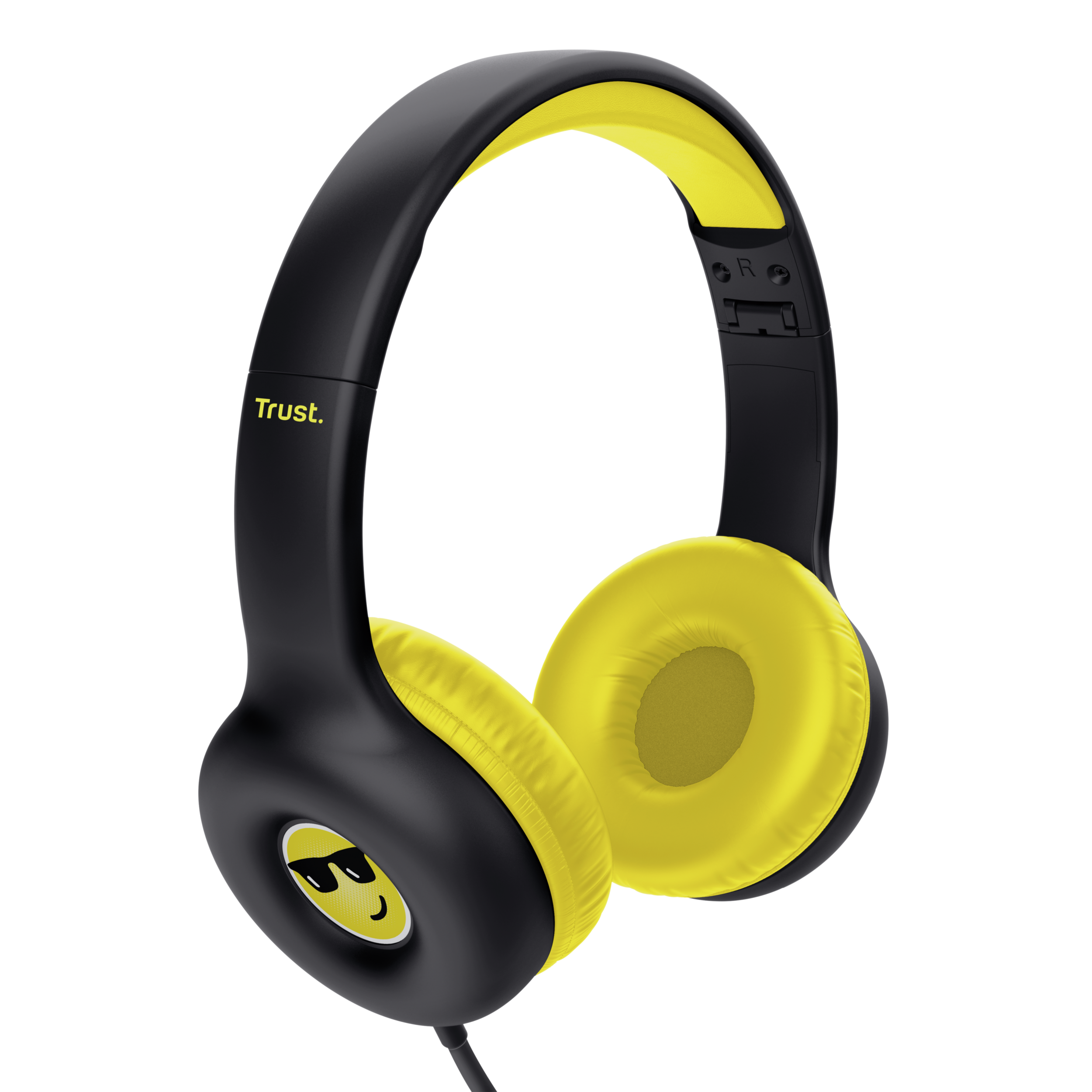 Czarne i żółte słuchawki z logo Trust. Słuchawki na czarnym tle.