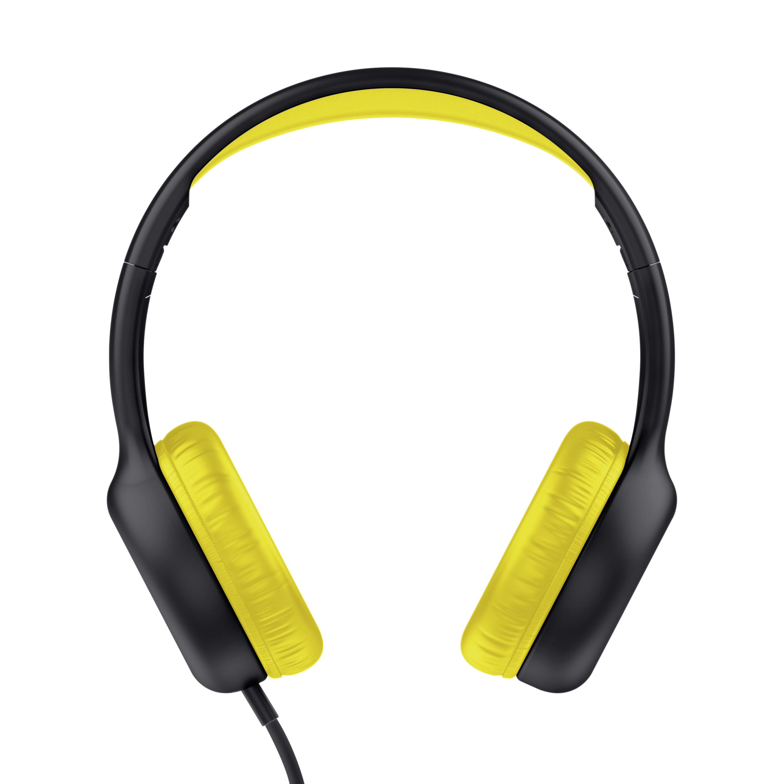Czarne i żółte słuchawki z kablem łączącym, pod kątem na czarnym tle.