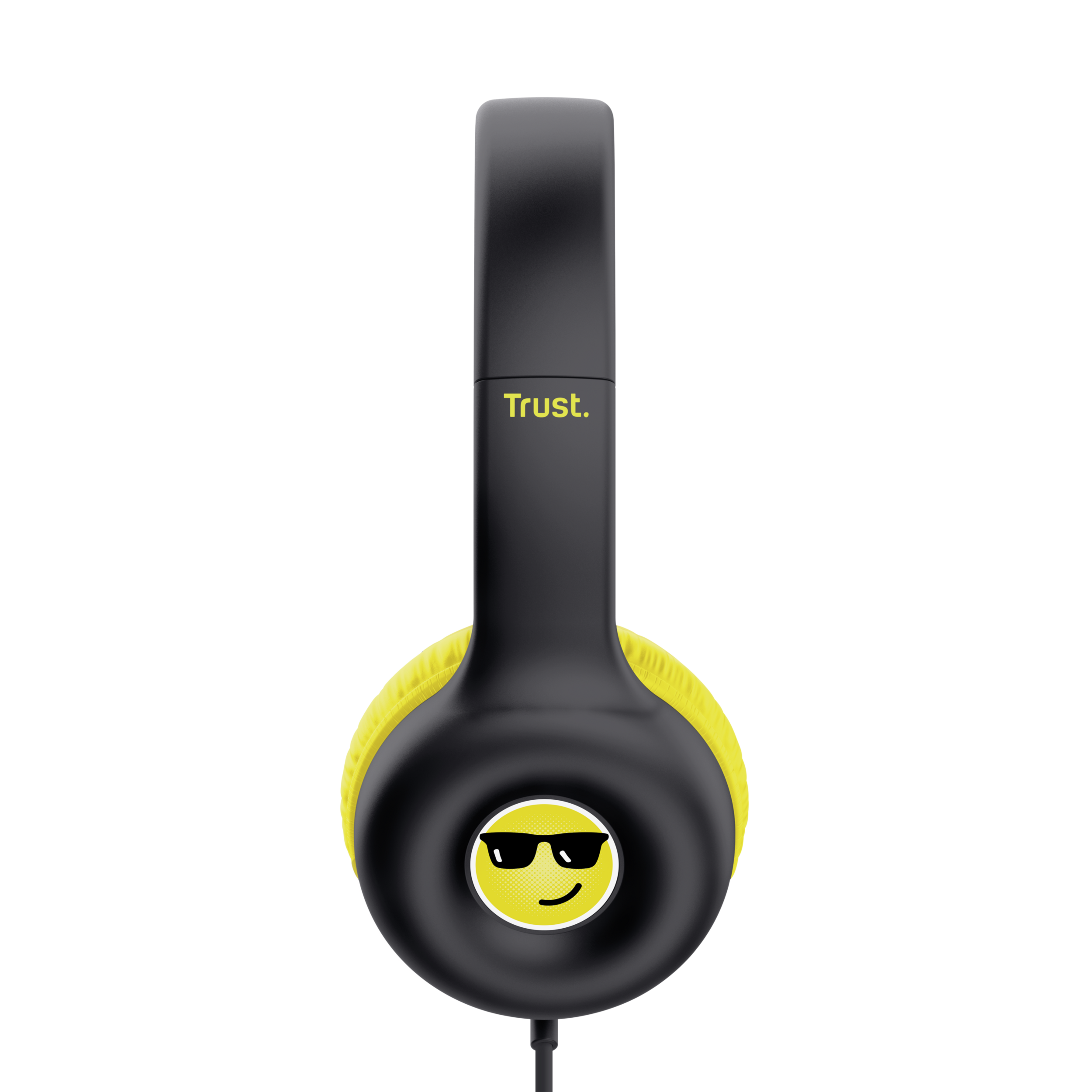Czarne i żółte słuchawki z logo uśmiechniętej buzi i marką 'Trust'.