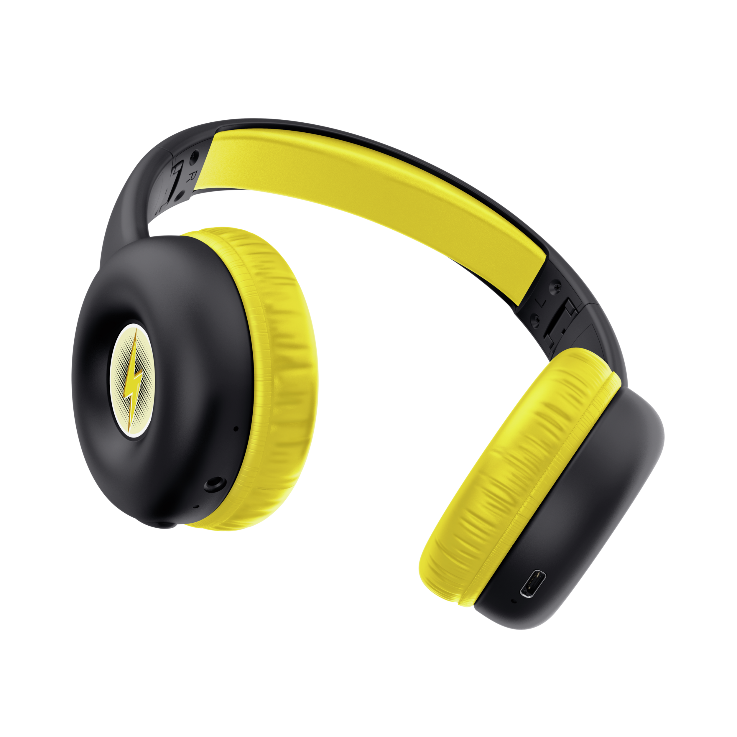 Czarne i żółte słuchawki, z logo błyskawicy.