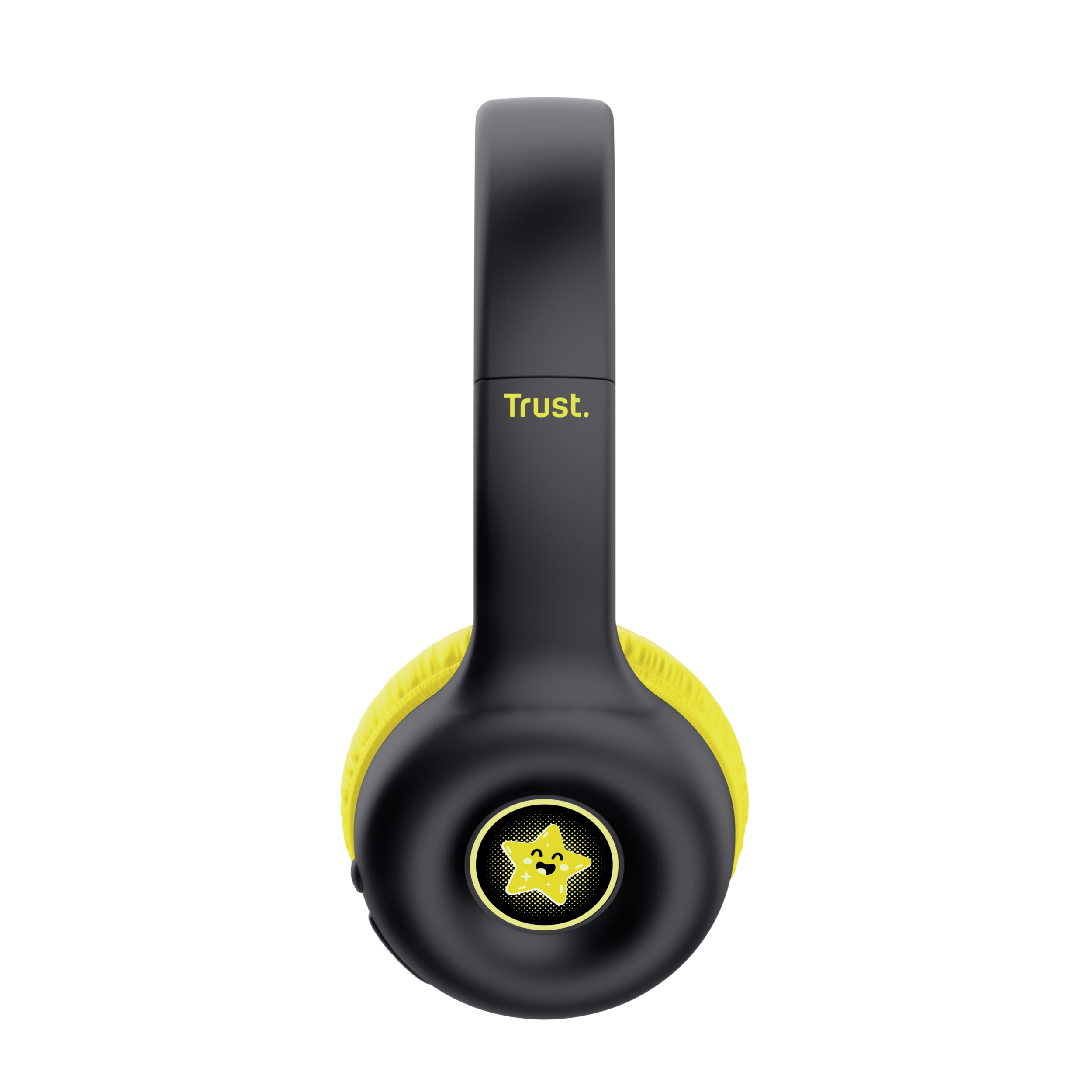 Czarne słuchawki z żółtymi akcentami i logo uśmiechniętej buzi. Tekst: 'Trust'.