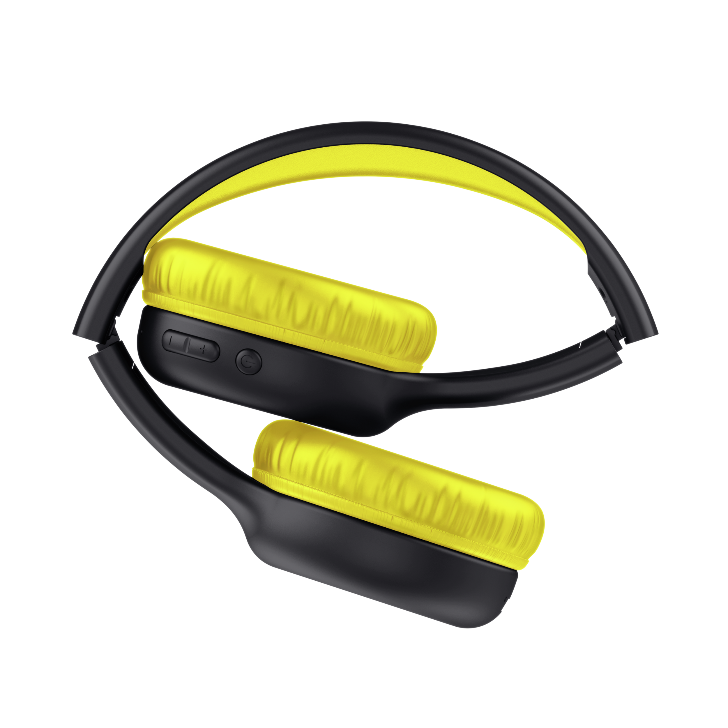 Czarne i żółte złożone słuchawki na czarnym tle.