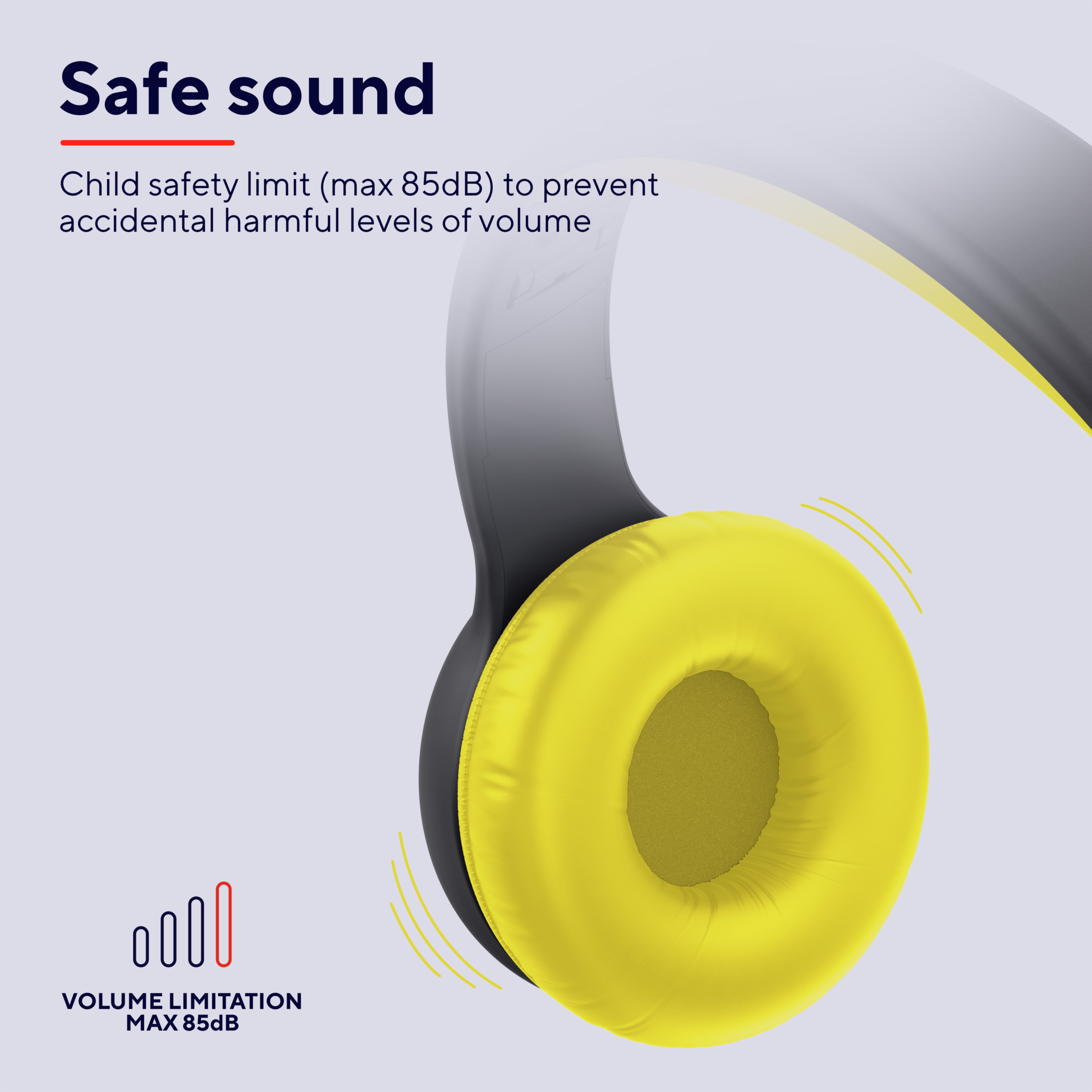 Żółto-szare słuchawki z tekstem: bezpieczny dźwięk, ograniczenie głośności maks. 85dB i wykres.