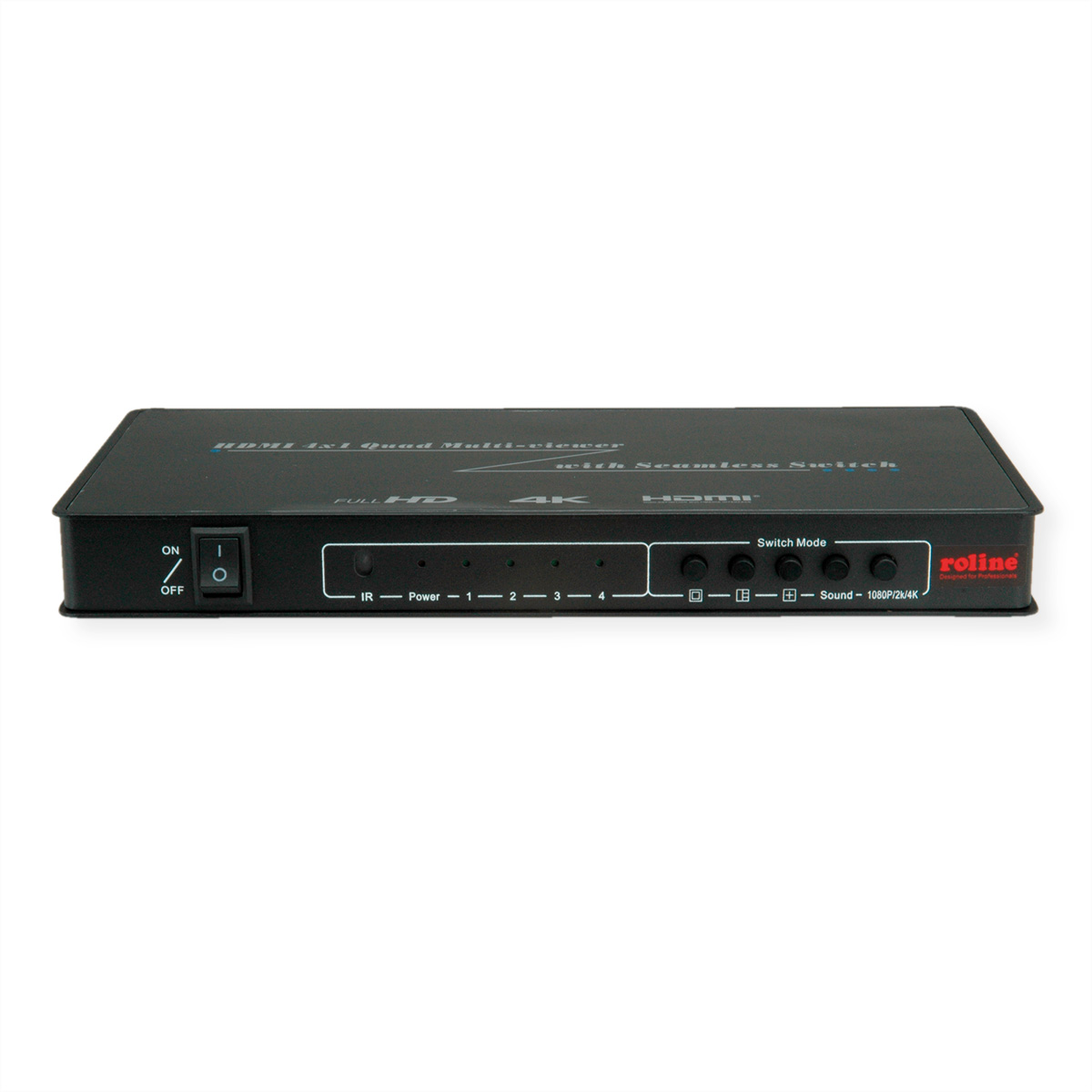 A black HDMI quad multi-viewer with buttons and labels, on a white background.