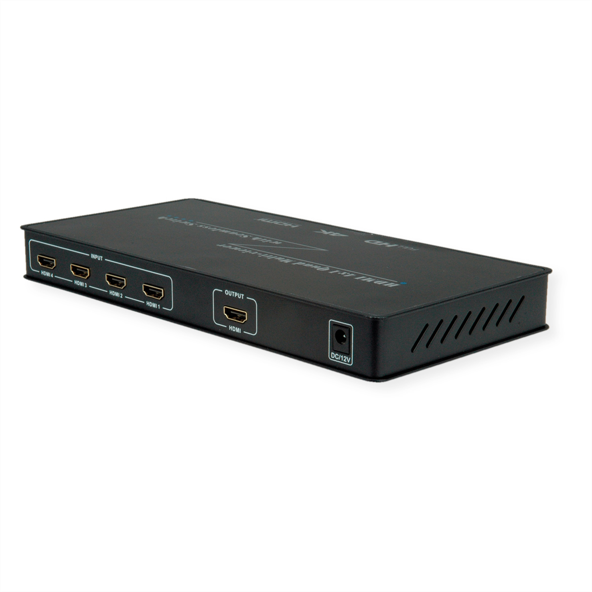 Black HDMI splitter with multiple inputs and one output, labeled with ports and power input.