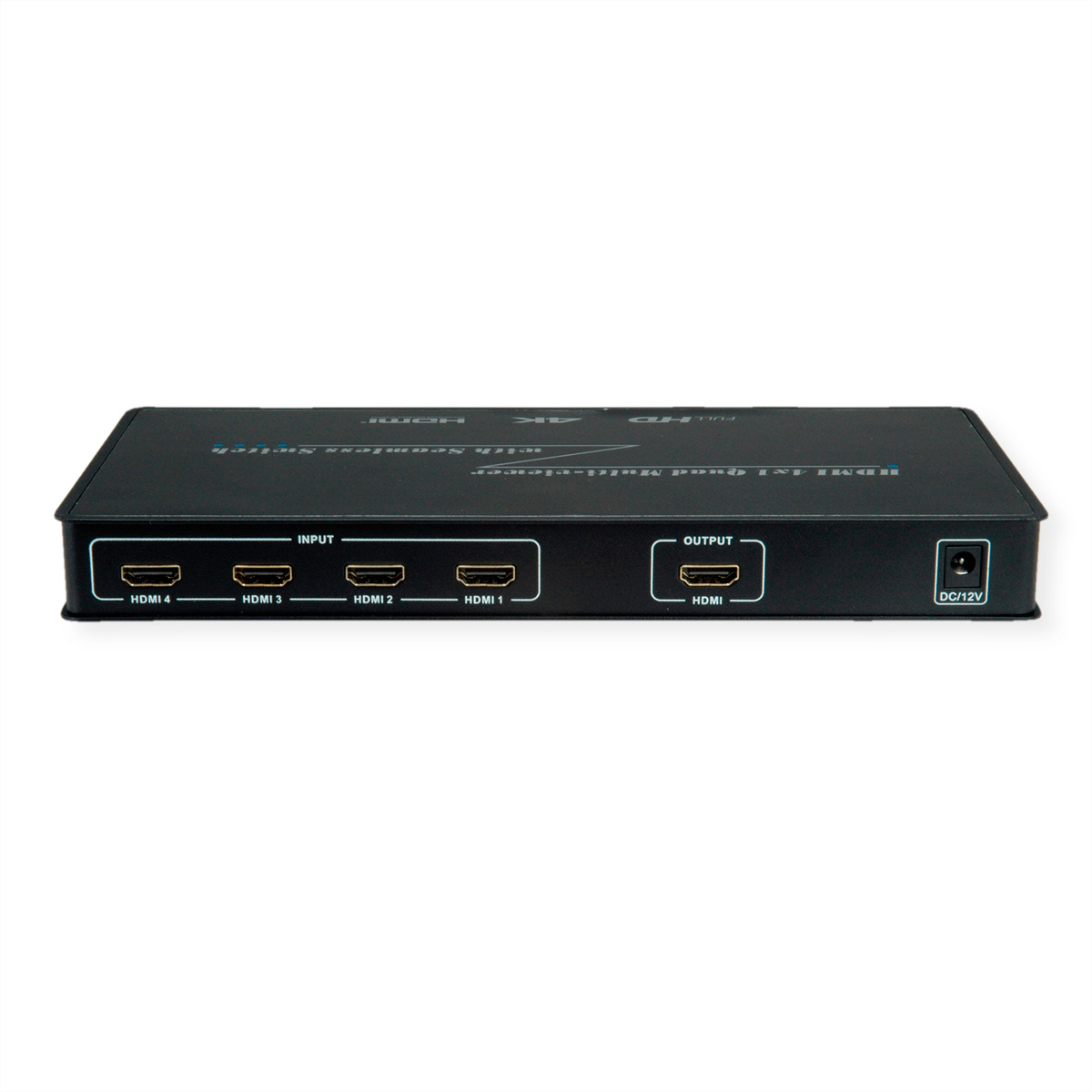 A black HDMI switcher with input and output ports.