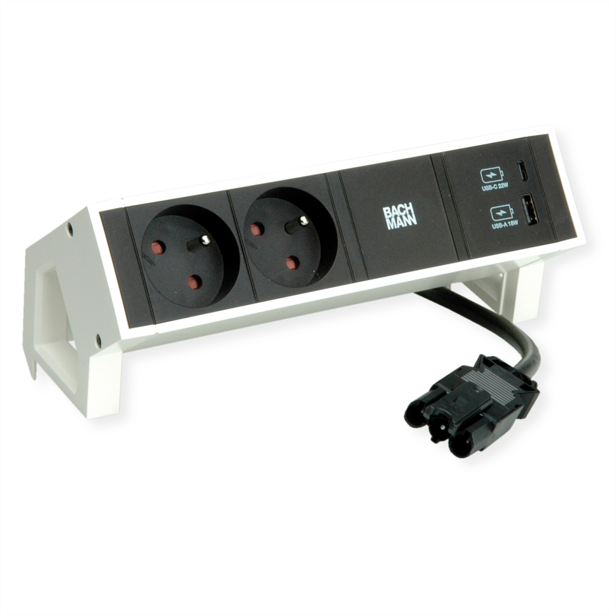 Multiprise blanche et noire avec deux prises, ports USB et logo Bachmann. Fond blanc.