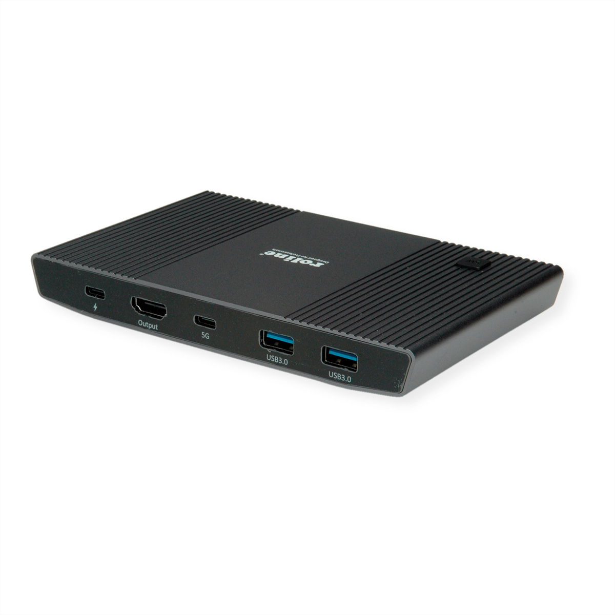 Appareil multimédia noir avec plusieurs ports. L'appareil dispose de ports de sortie, USB et SG.