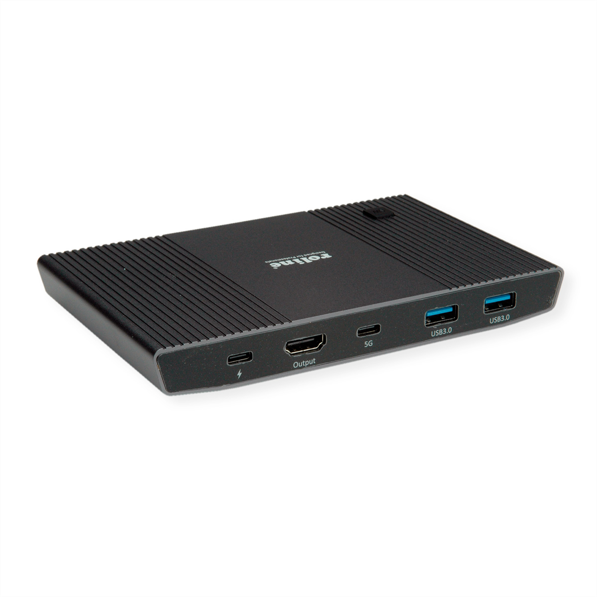 Appareil noir avec plusieurs ports, dont USB, HDMI et un port de charge.