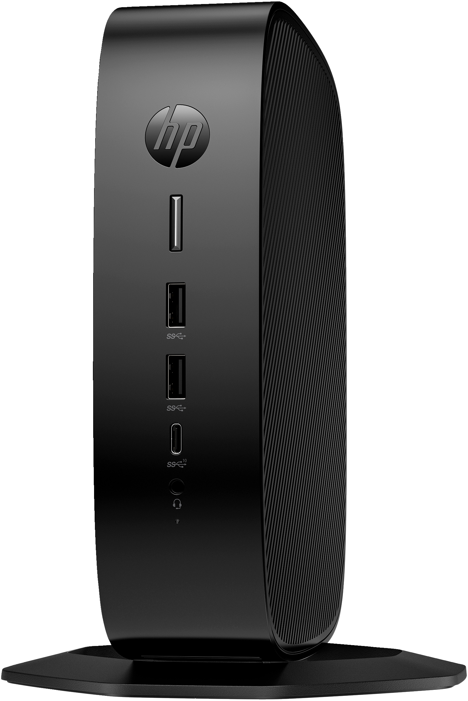 Torre per computer HP nera con porte. Logo HP argentato. È su una base nera.