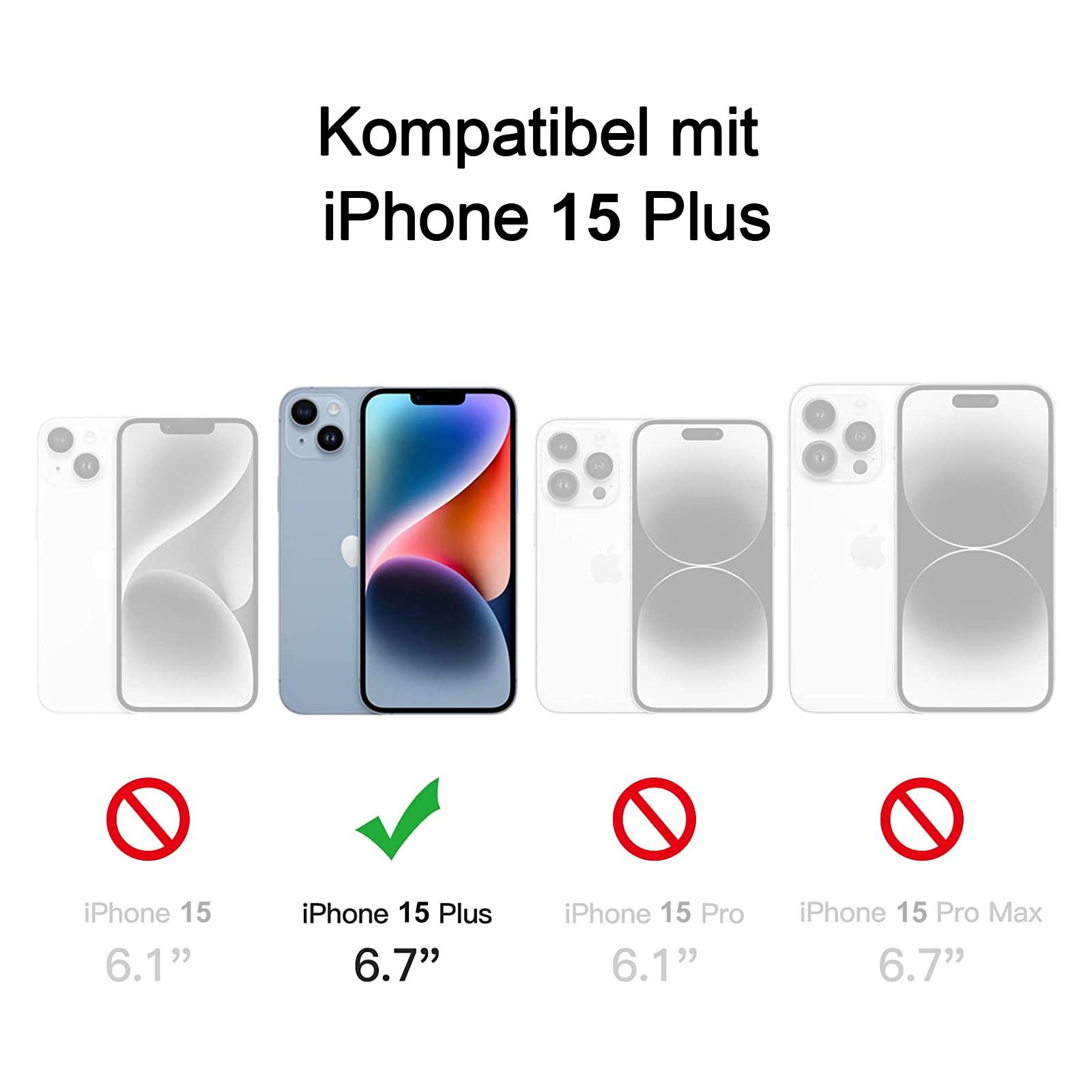 Vergleich der iPhone 15 Modelle. Nur das iPhone 15 Plus ist mit dem Produkt kompatibel. Andere sind durchgestrichen.