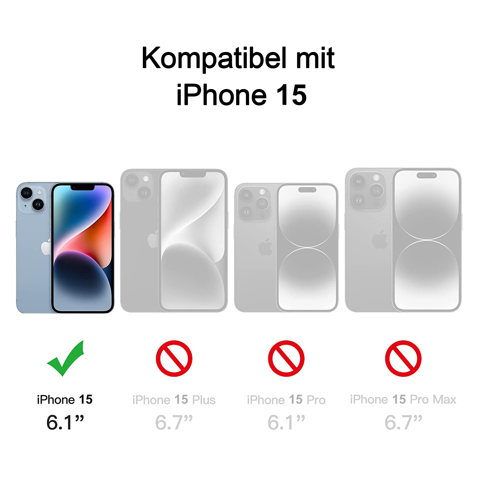Vergleich der iPhone 15 Modelle. Nur iPhone 15 6.1'' ist kompatibel. Andere nicht.
