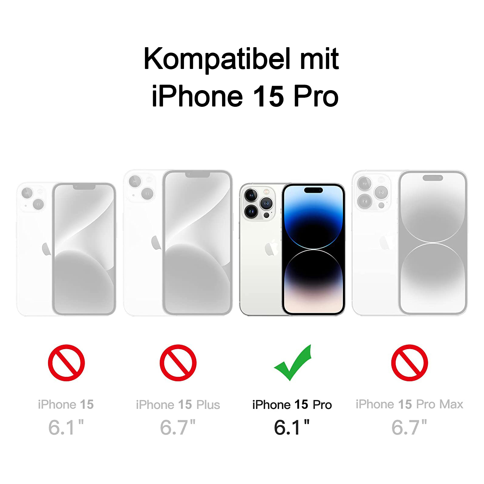 Diagramm, das die Kompatibilität des iPhone 15 Pro mit iPhone 15 Modellen zeigt. iPhone 15 Pro ist kompatibel.