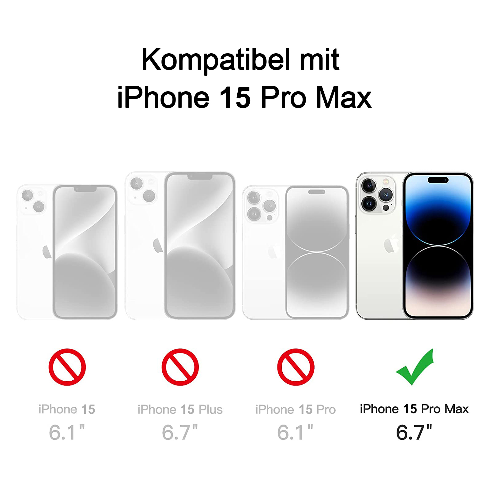 Diagramm, das zeigt, dass das iPhone 15 Pro Max kompatibel ist und andere Modelle nicht.