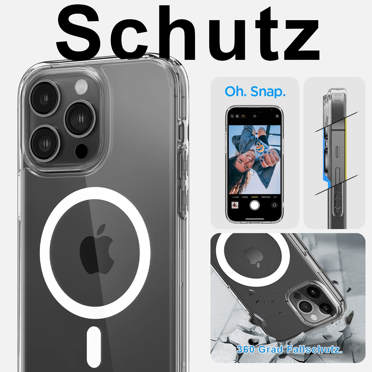Transparente Handyhülle auf dem iPhone, mit Apple-Logo. Text sagt Schutz, Oh Snap und 360 Grad Fallschutz.