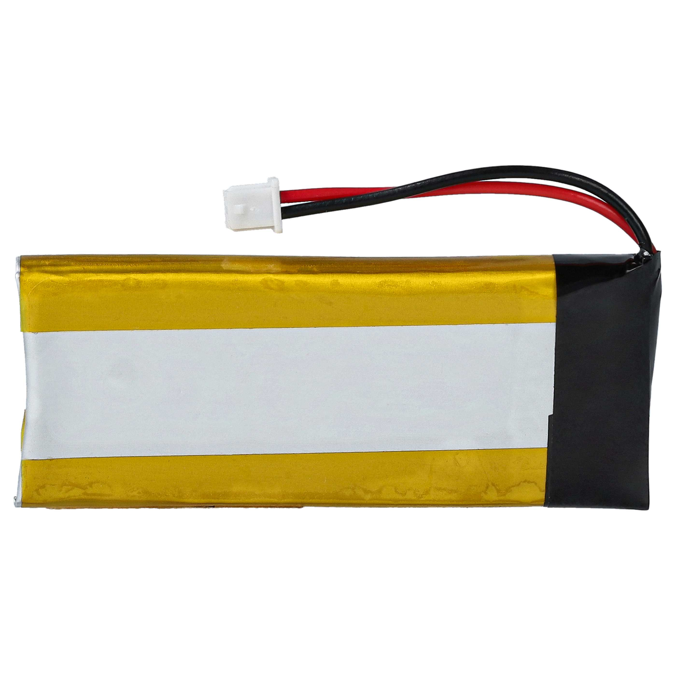 Goldene und weiße Batterie mit roten und schwarzen Drähten, die mit einem weißen Stecker verbunden sind.