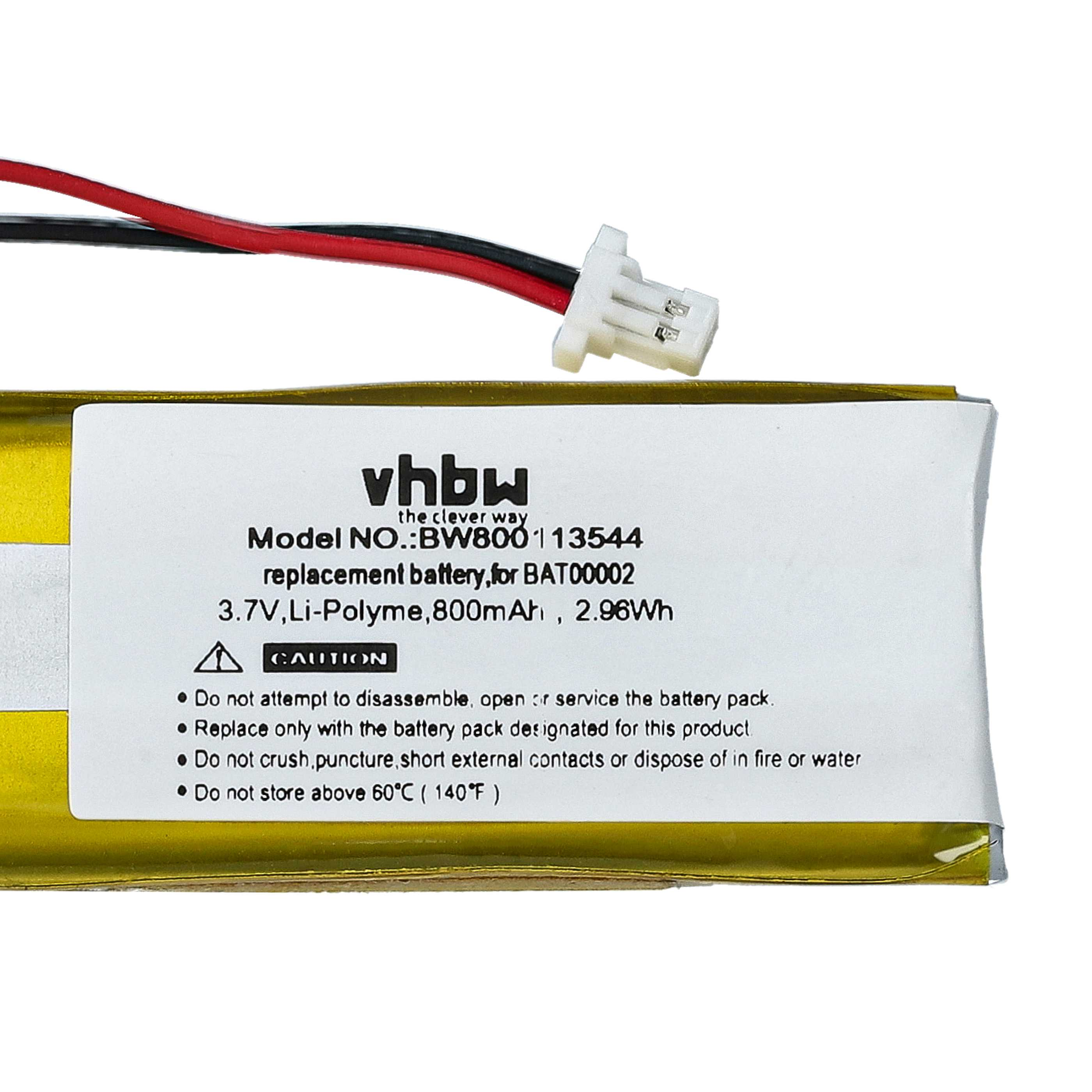 Akku mit Etikett, Kabeln und Stecker. Text auf dem Etikett: Modell BW600113544, 3,7 V, Li-Polymer, 800 mAh, 2,96 Wh.