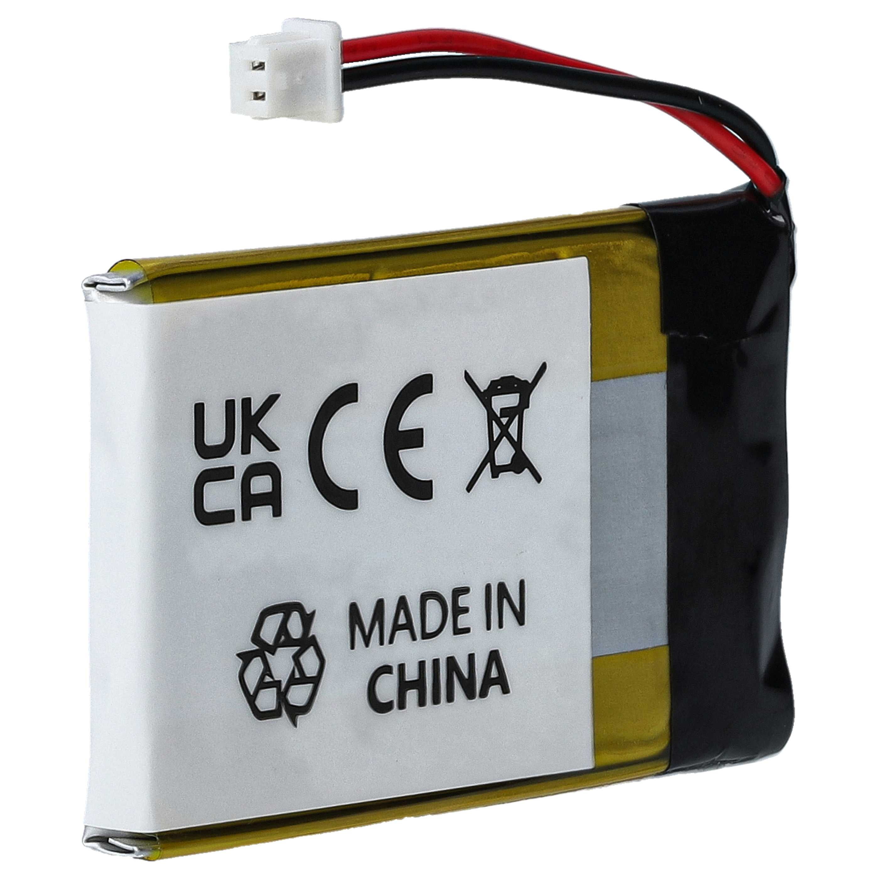 Kleine rechteckige Batterie mit weißem Etikett: UK, CE, Recycling-Symbol, Made in China und schwarz/rote Drähte.
