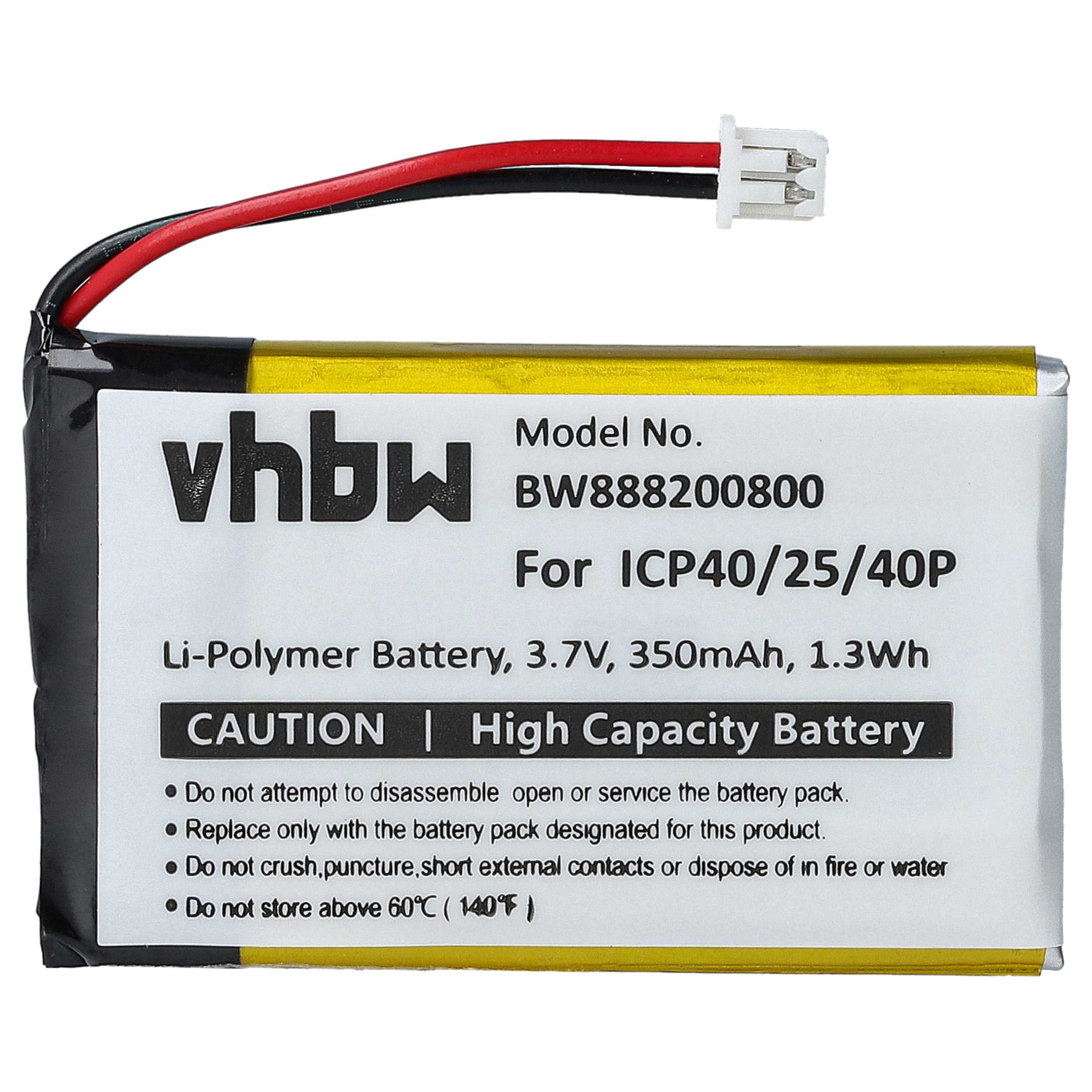 Eine Batterie mit Text, einschließlich Modell, Warnhinweisen und Spezifikationen.