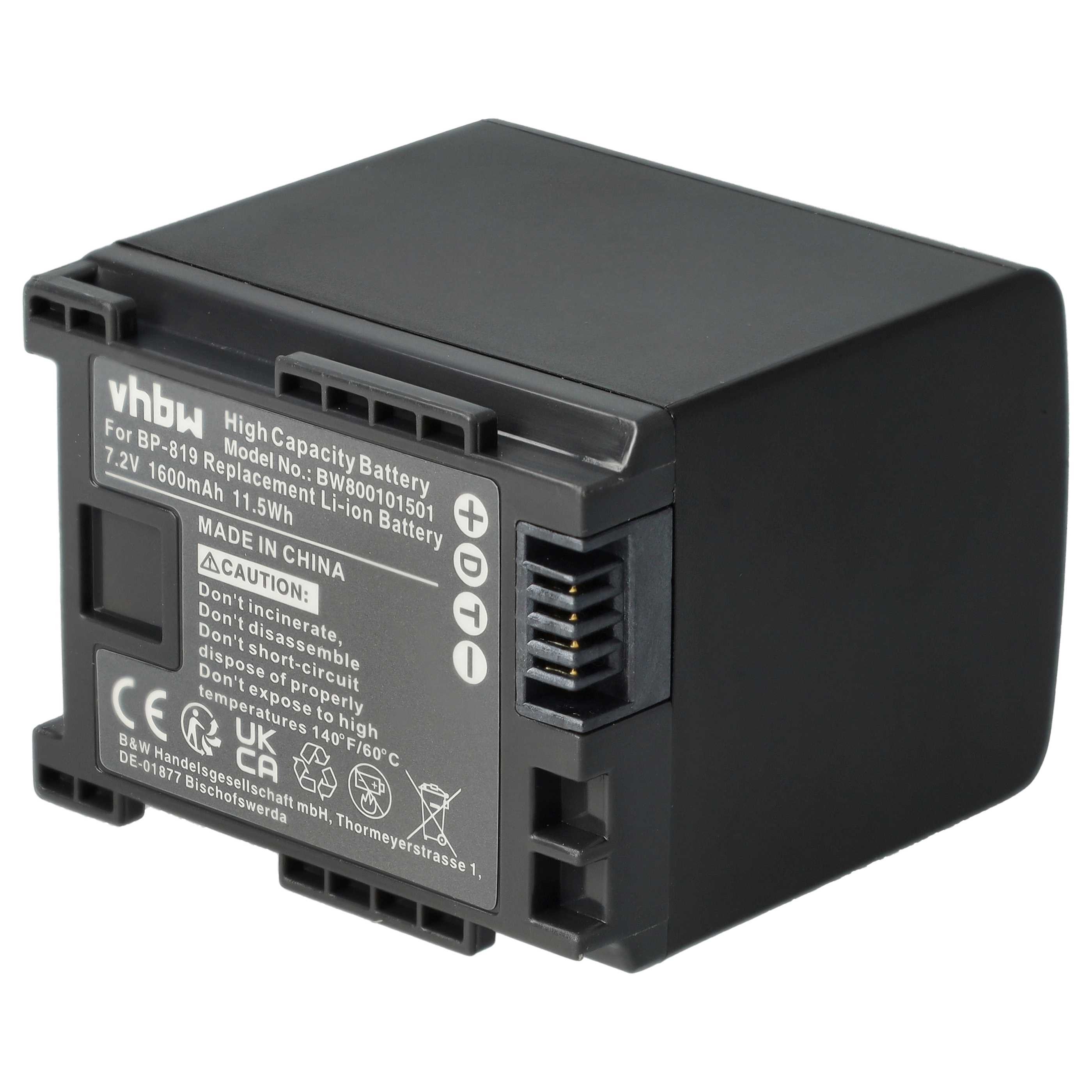 Schwarze vhbw-Batterie für eine Kamera, mit Produktdetails. Weißer Hintergrund.