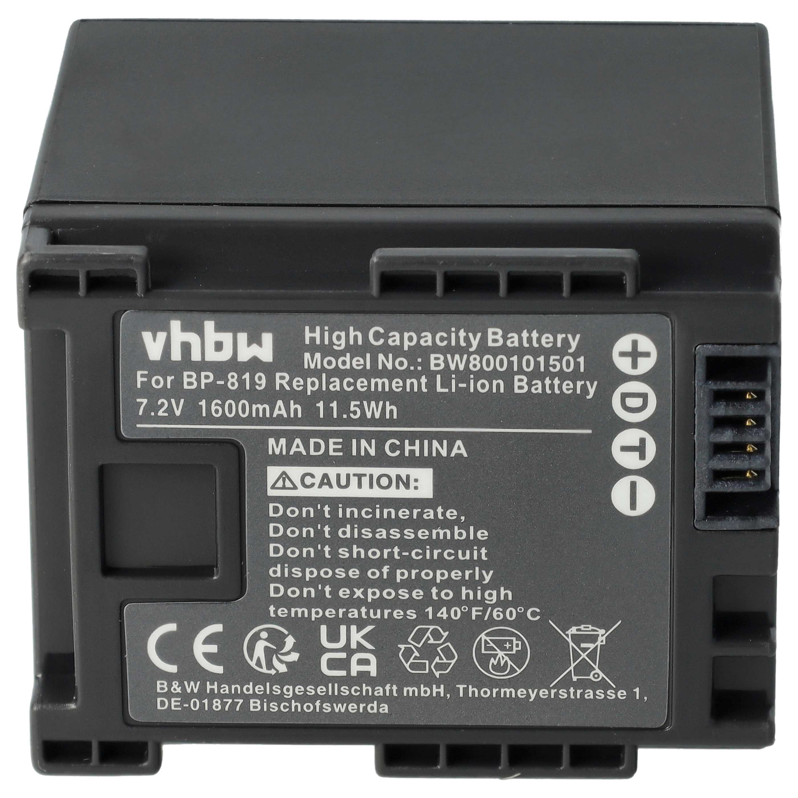 Schwarze Batterie mit Etikett: vhbw High Capacity Battery, Made in China, Sicherheitshinweise, CE- und UKCA-Zeichen.
