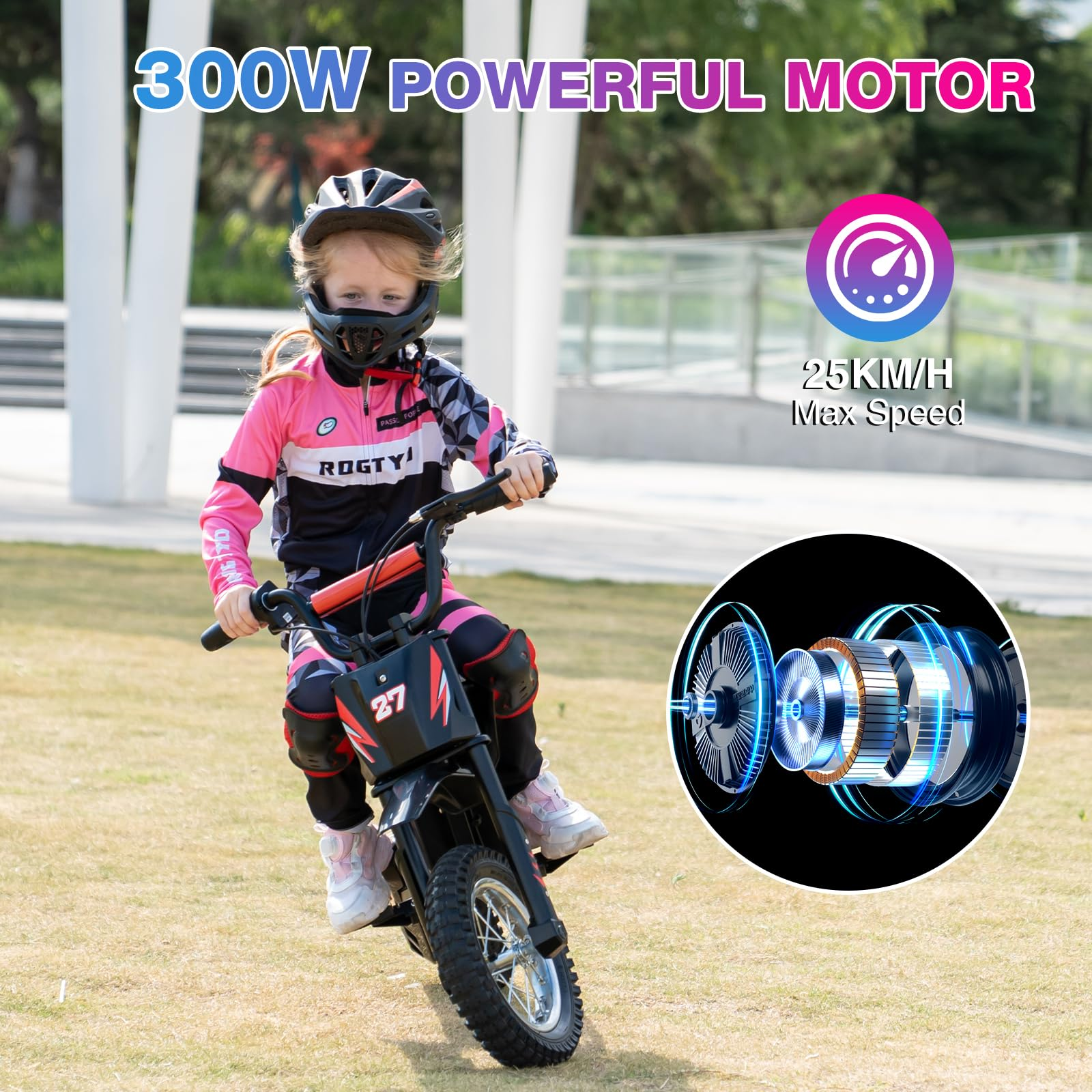 Młoda dziewczyna na małym elektrycznym motocyklu, ze szczegółami prędkości i silnika.