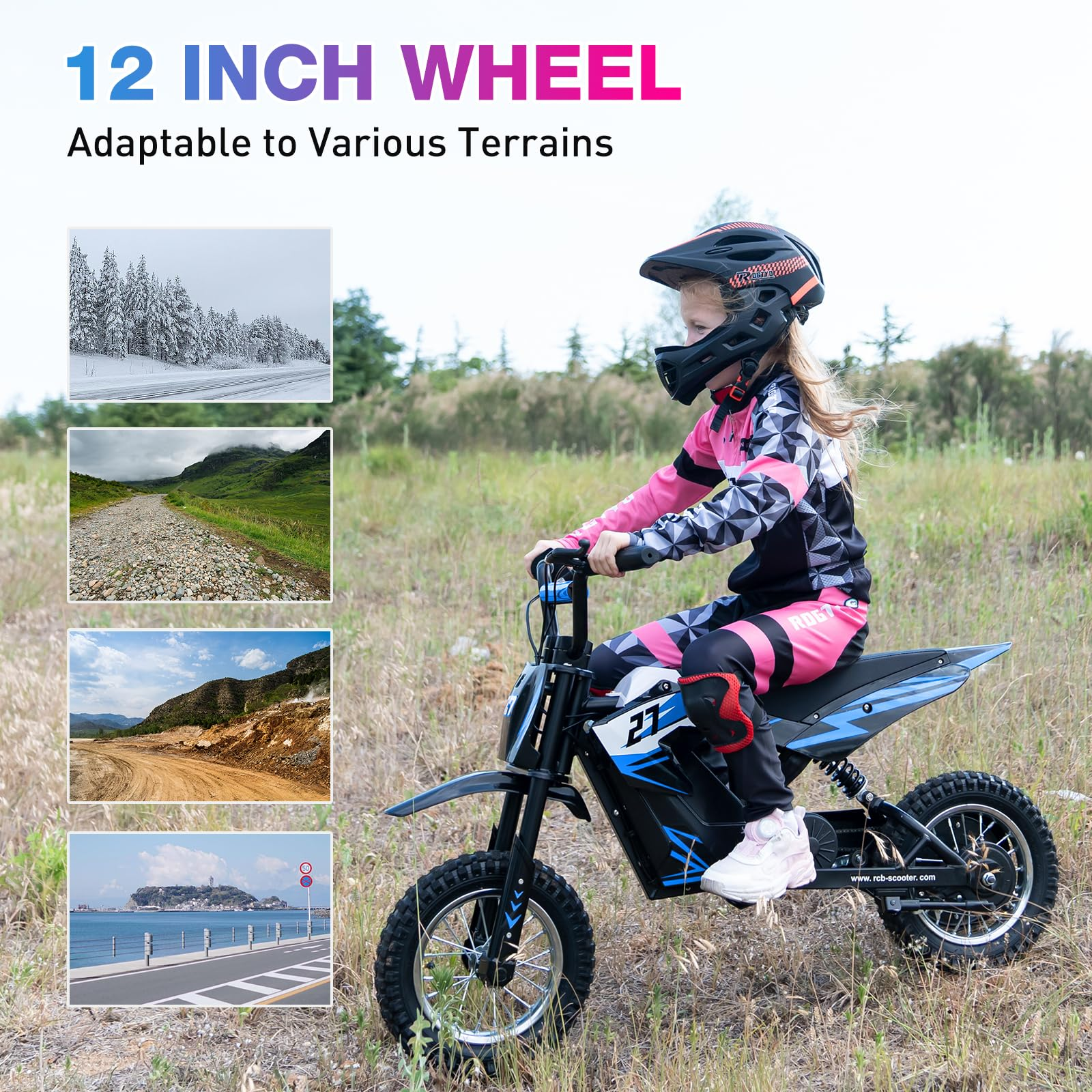 Dziewczyna jadąca czarno-niebieskim motocyklem terenowym na trawiastym szlaku. Różne zdjęcia terenu w tle.