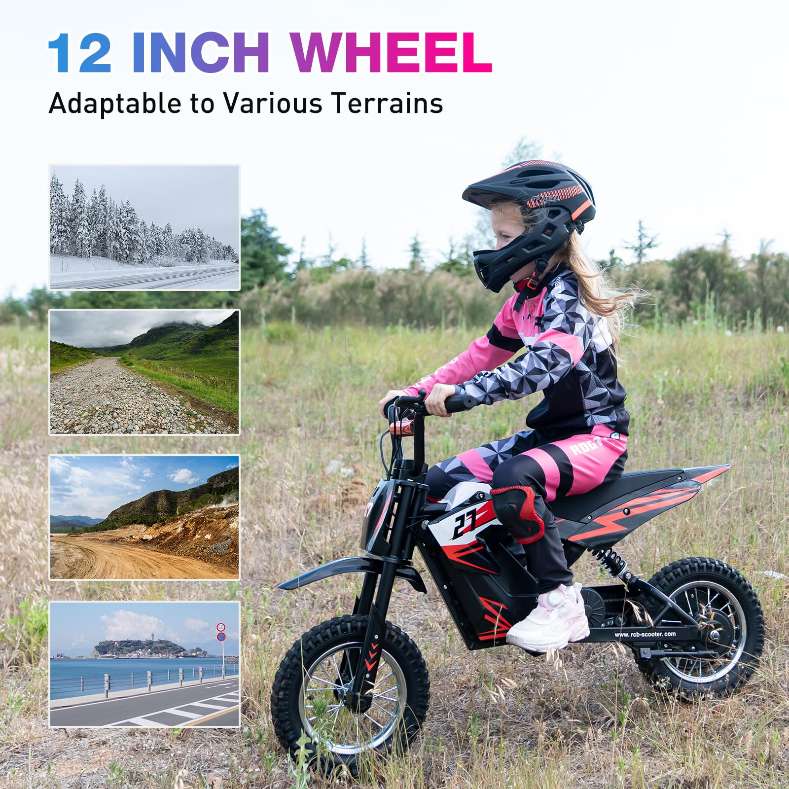 Dziewczyna na mini-rowerze z czterema obrazami krajobrazów. Rower jest czarny i czerwony, a teren różny.